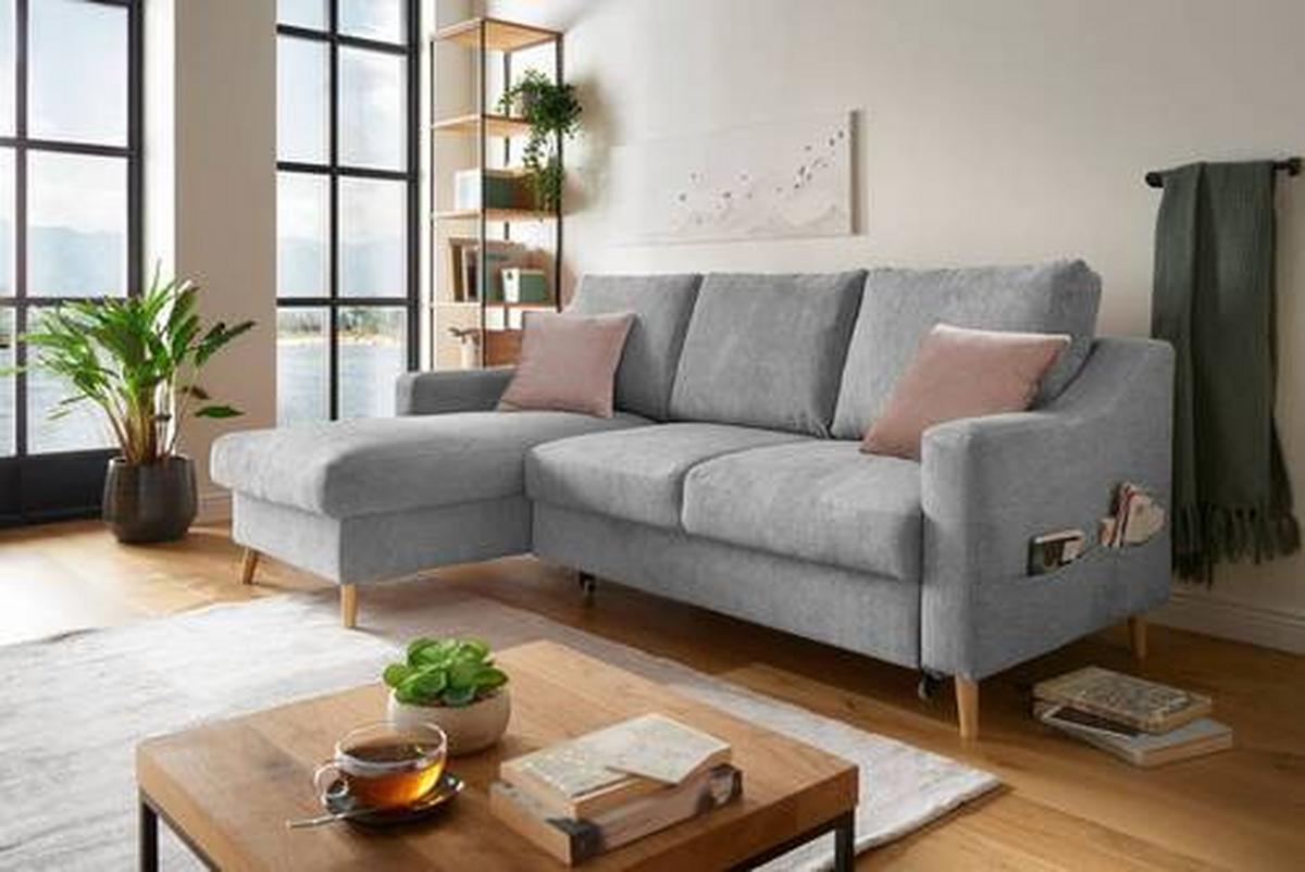 Wohnlandschaft Valentina Grau Mikrofaser - Dunkelrosa/Naturfarben, Design, Holz/Textil (150/228cm) - MID.YOU