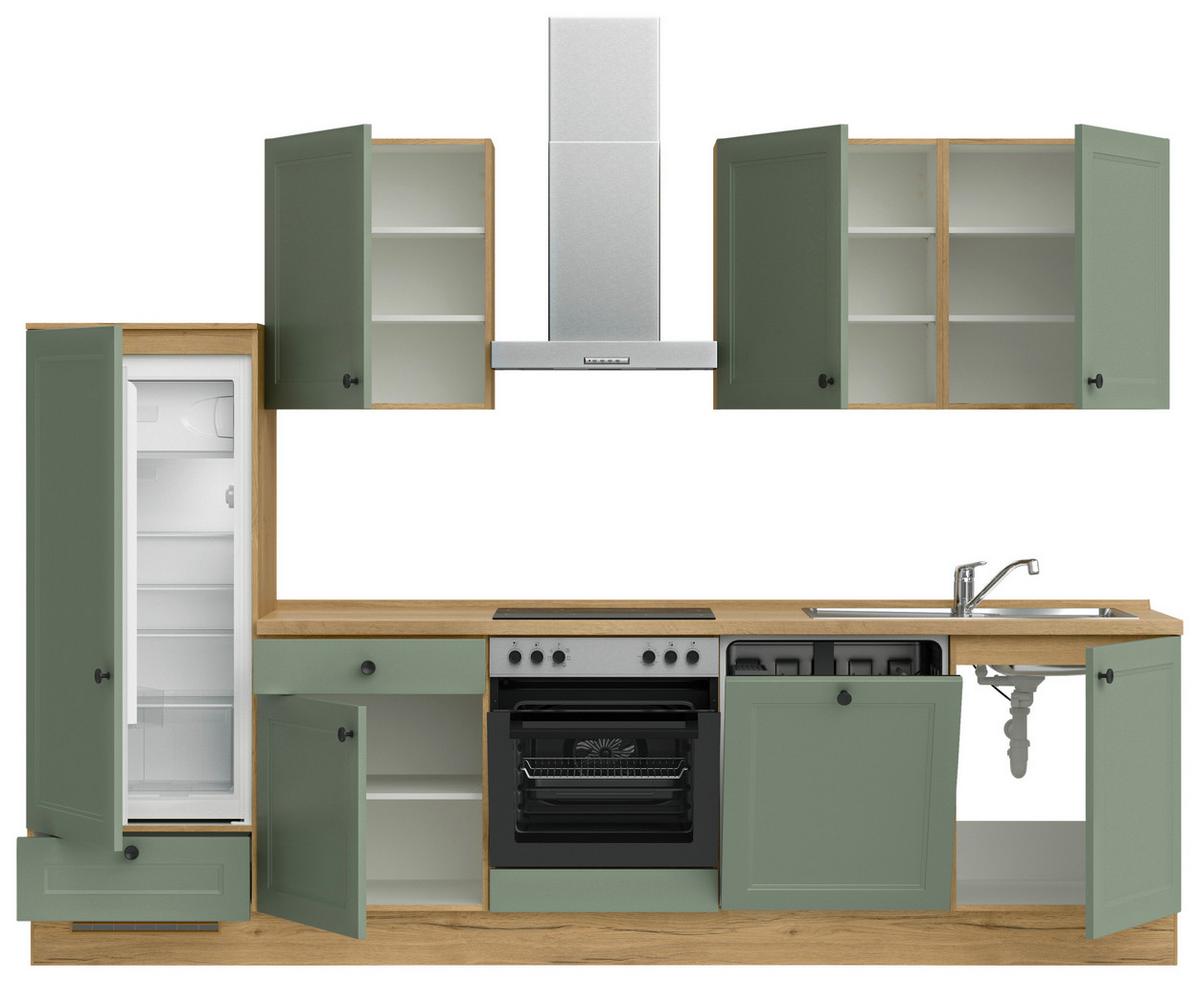 Küchenblock Cascada Low m. Geräten Schilfgrün - Schilfgrün/Eichefarben, MODERN, Holzwerkstoff/Metall (300cm) - Nobilia