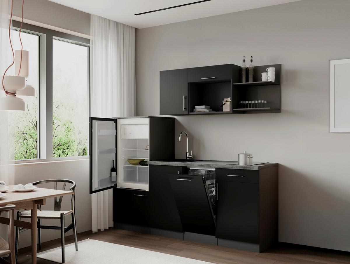 Küchenblock Oliver m. Geräten Schwarz - Schwarz/Grau, Trend, Holzwerkstoff/Metall (205cm) - Respekta