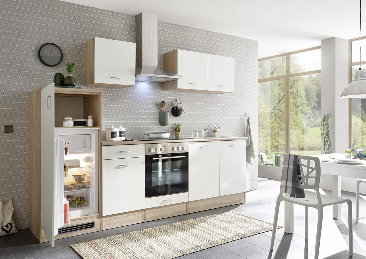 Küchenblock Andy inkl. Geräte + Spüle ca. 270 cm Weiß/Eiche - Weiß/Sonoma Eiche, Basics, Holzwerkstoff/Metall (270cm) - P & B