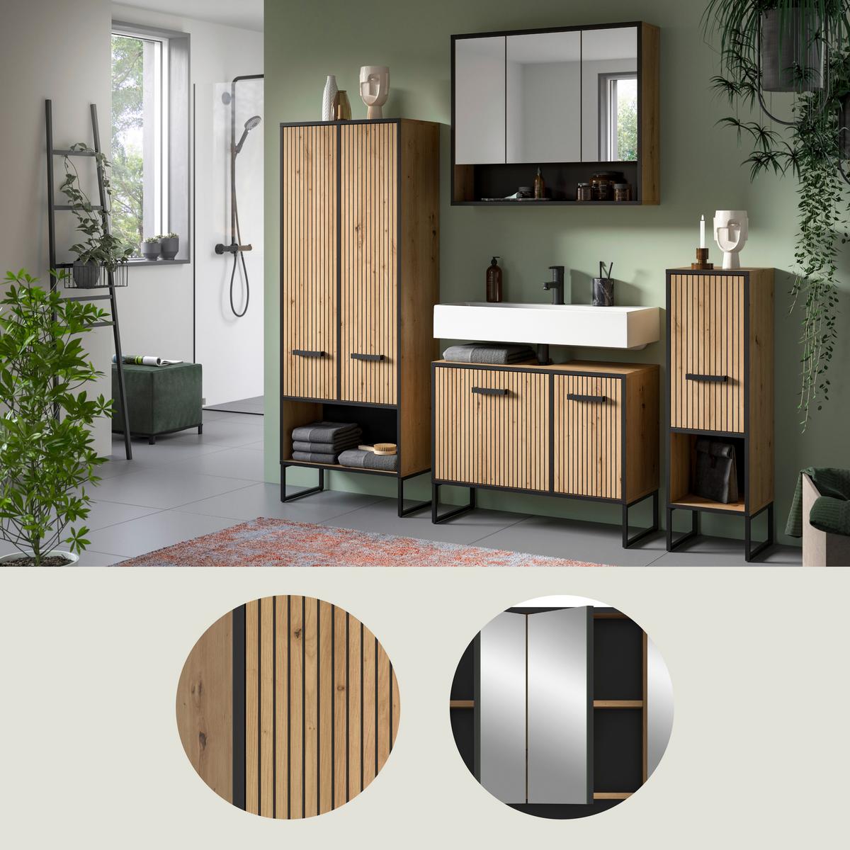 Badezimmer Bagno 4-tlg. Eiche Artisan/Schwarz - Schwarz/Eiche Artisan, Trend, Glas/Holzwerkstoff (169cm) - MID.YOU