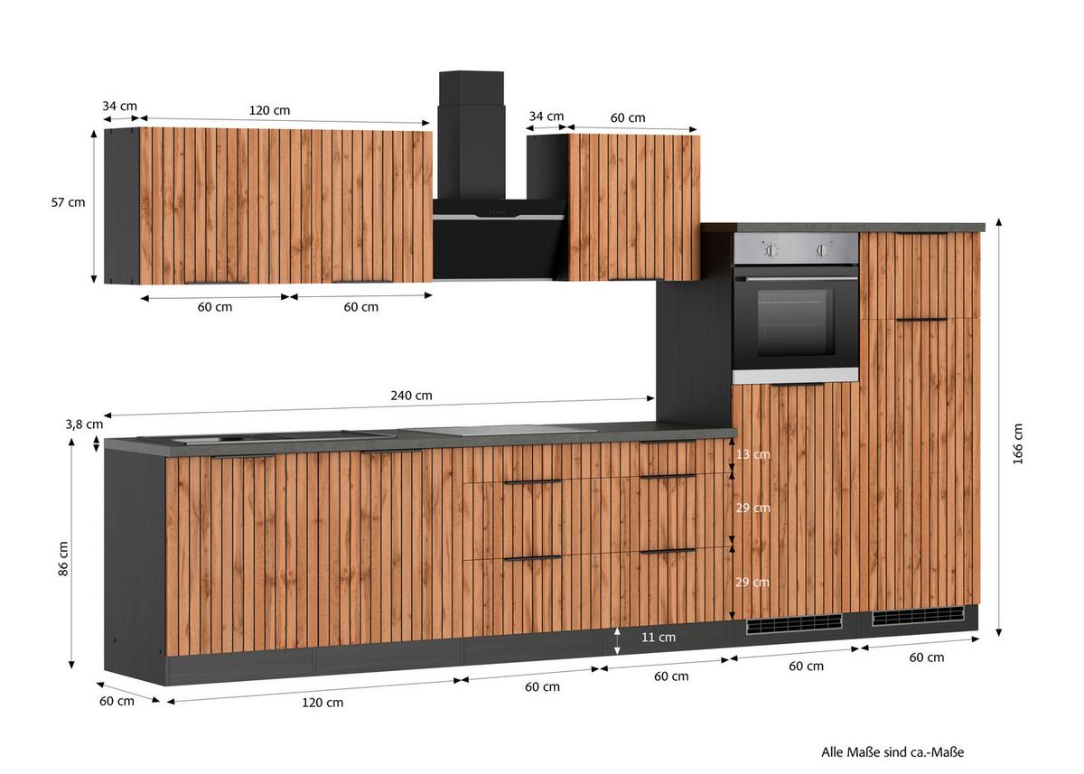 Küchenblock Liverpool m. Geräte Graphit/Eichefarben - Schieferfarben/Eiche Wotan, Basics, Holzwerkstoff/Metall (360cm) - Held