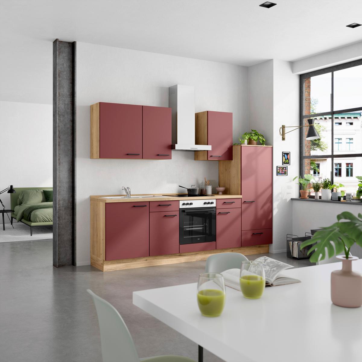Küchenblock Easytouch Low m. Geräten Dunkelrot - Eichefarben/Schwarz, MODERN, Holzwerkstoff/Metall (270cm) - Nobilia