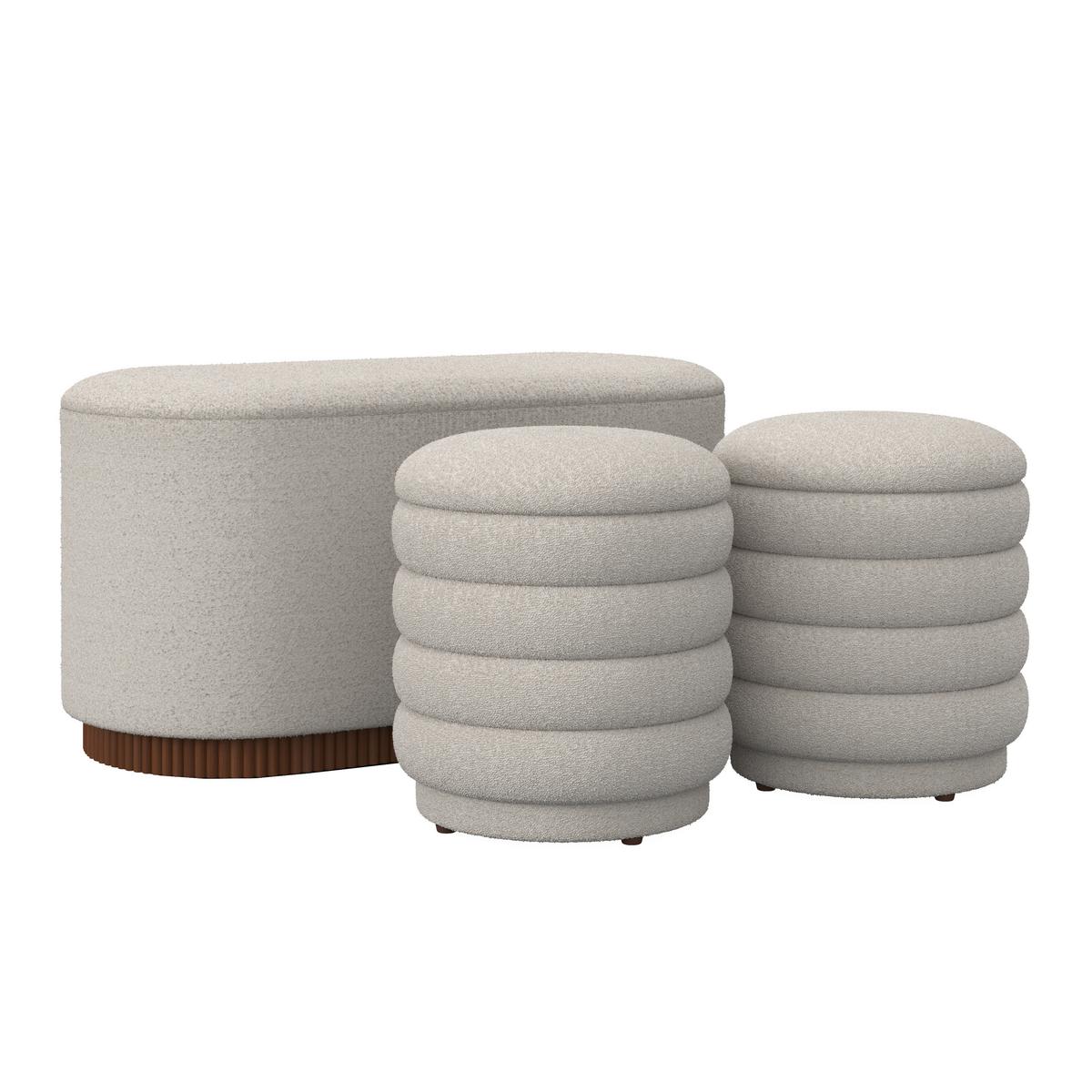 Sitzbank Nina mit Stauraum inkl. 2 Hocker Bouclé Weiß - Naturfarben/Weiß, MODERN, Holz/Holzwerkstoff - Bessagi Home