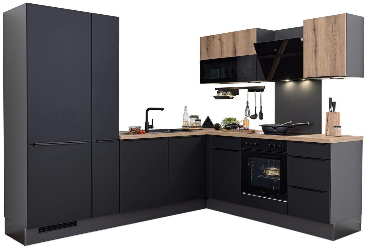 Eckküche PN210/100 ohne Geräte ca. 265x215cm Schwarz/Eiche - Eichefarben/Schwarz, MODERN, Holzwerkstoff (265/215cm) - Pino