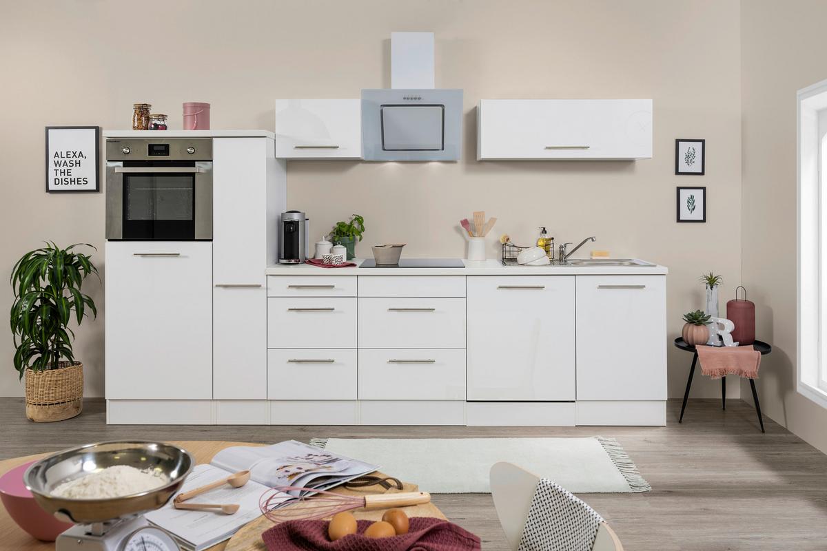 Küchenzeile mit Geräte Weiß Hochglanz B: ca. 310 cm - Edelstahlfarben/Weiß, KONVENTIONELL, Holzwerkstoff/Metall (310cm) - Respekta