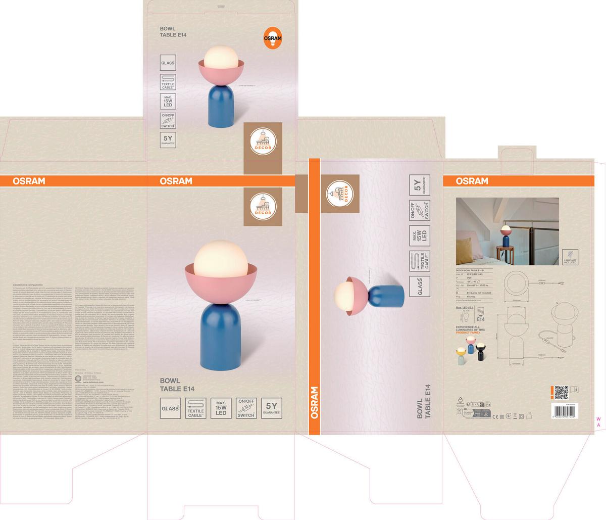 LAMPA STOŁOWA DECOR BOWL TABLE E14 BL - różowy/niebieski, Basics, metal/szkło (20/36,5cm) - Osram