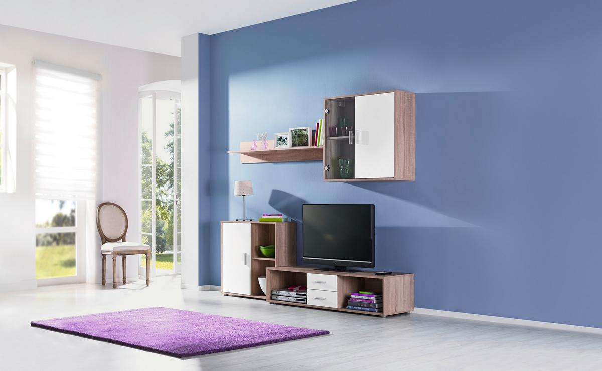 Wohnwand in Eichefarben - Weiss/Alufarben, Konventionell, Glas/Holz (218/190/42cm) - Based