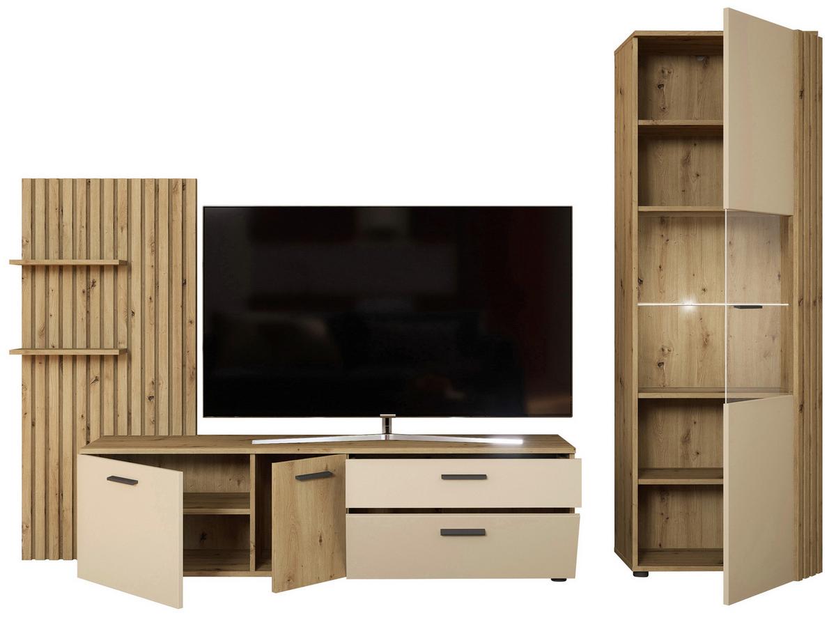 Anbauwand Gatwick Creme/Eiche Artisan - Creme/Schwarz, MODERN, Glas/Holzwerkstoff (280/180/38cm) - Mömax