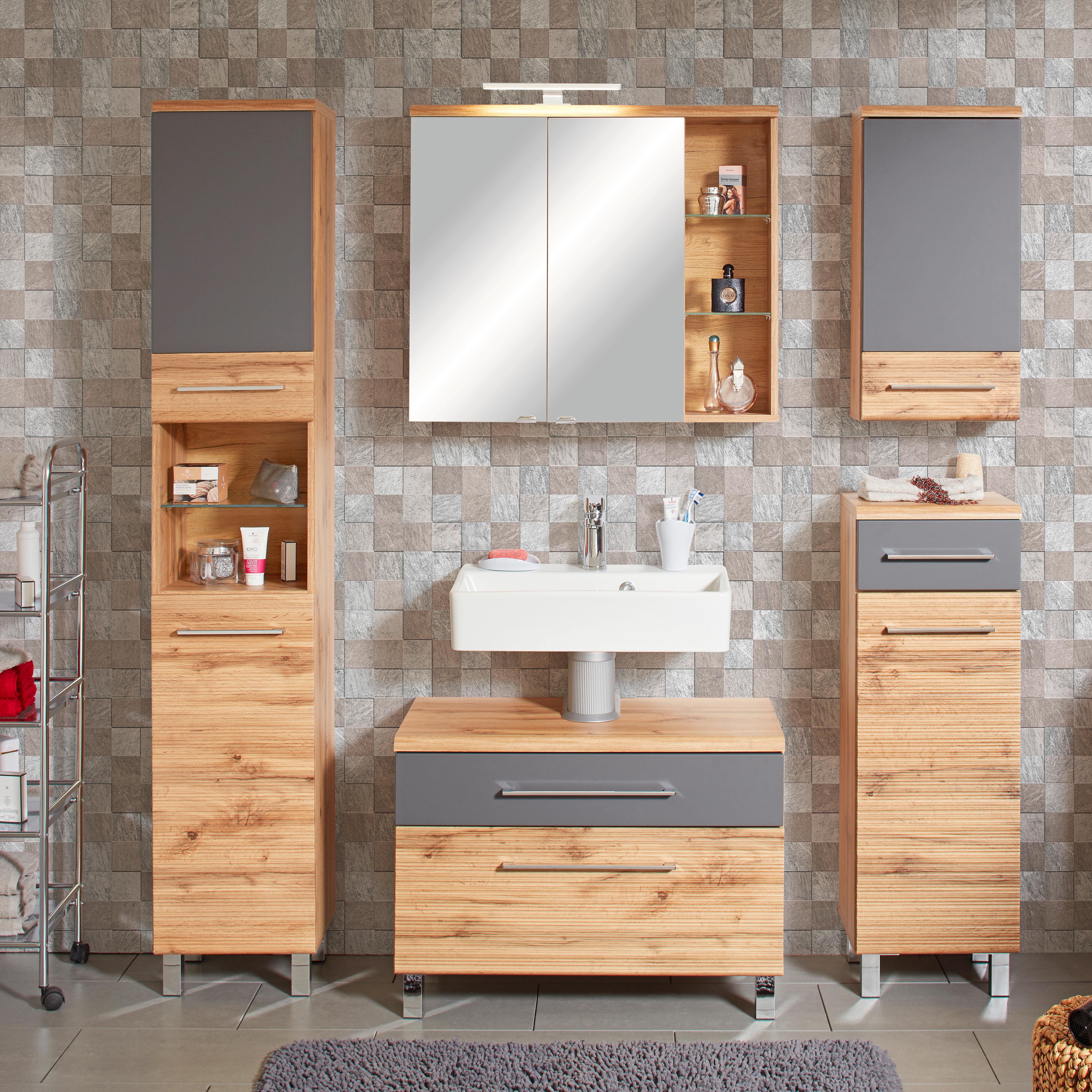 Dulap cu oglindă Float - culoare lemn stejar, Modern, sticlă/material pe bază de lemn (80/70/23cm) - Premium Living