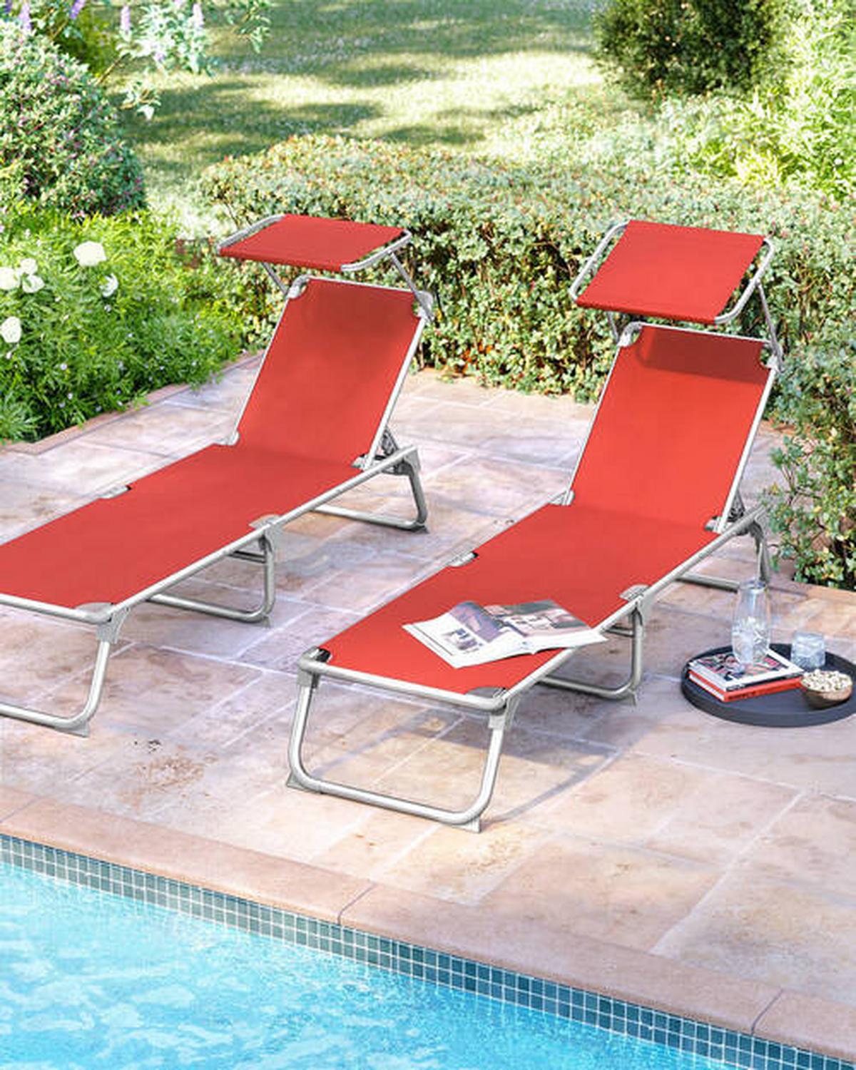 Gartenliege Rot/Alufarben mit Sonnendach - Rot/Alufarben, MODERN, Textil/Metall (55/31/193cm) - Modante