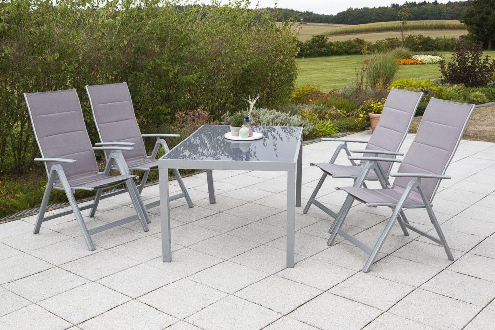 Gartenmöbel Set 5-tlg. Taviano Metall/Glas/Textil - Silberfarben/Braun, ROMANTIK / LANDHAUS, Glas/Textil - Gardenson