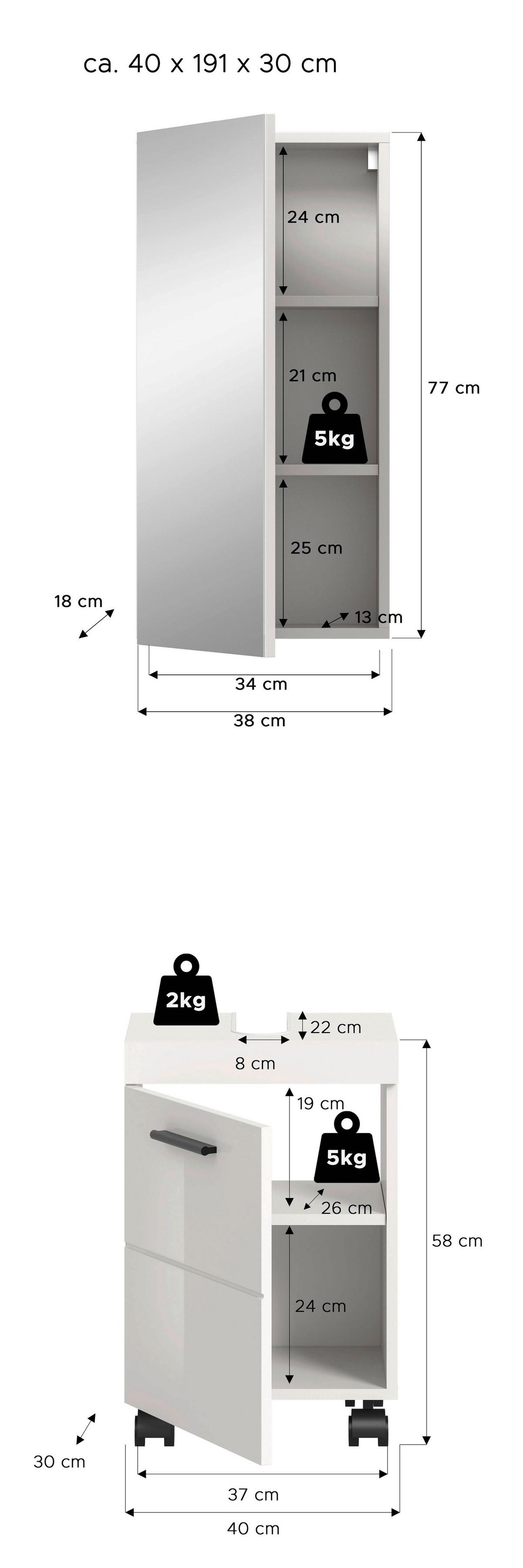 Badezimmer NOVA Weiß, Weiß Hochglanz 2-teilig - Weiß Hochglanz/Schwarz, Trend, Glas/Holzwerkstoff (40cm) - MID.YOU