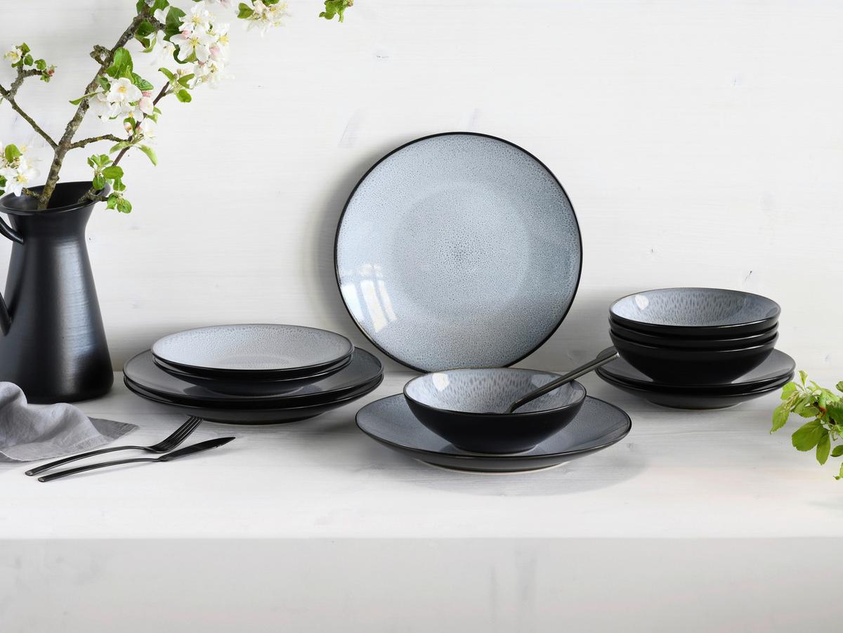 Jedilni Servis Malmö, 12-Delni - črna/sivobela, Basics, keramika - Creatable