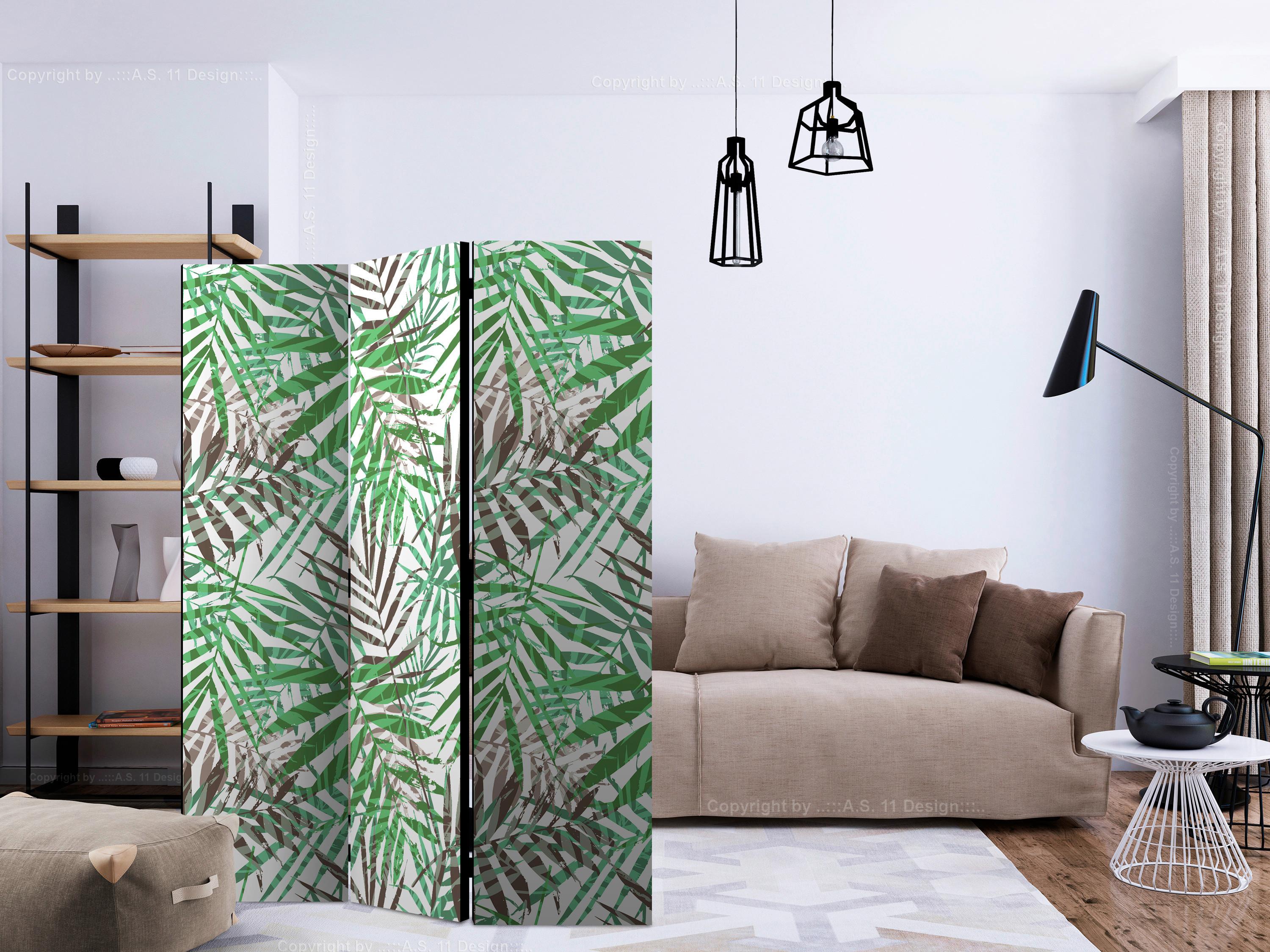 Paravan Wild Leaves, 3-Delni, Dvostranski - siva/svetlo zelena, Basics, tekstil/les (135/172/3cm) - artgeist