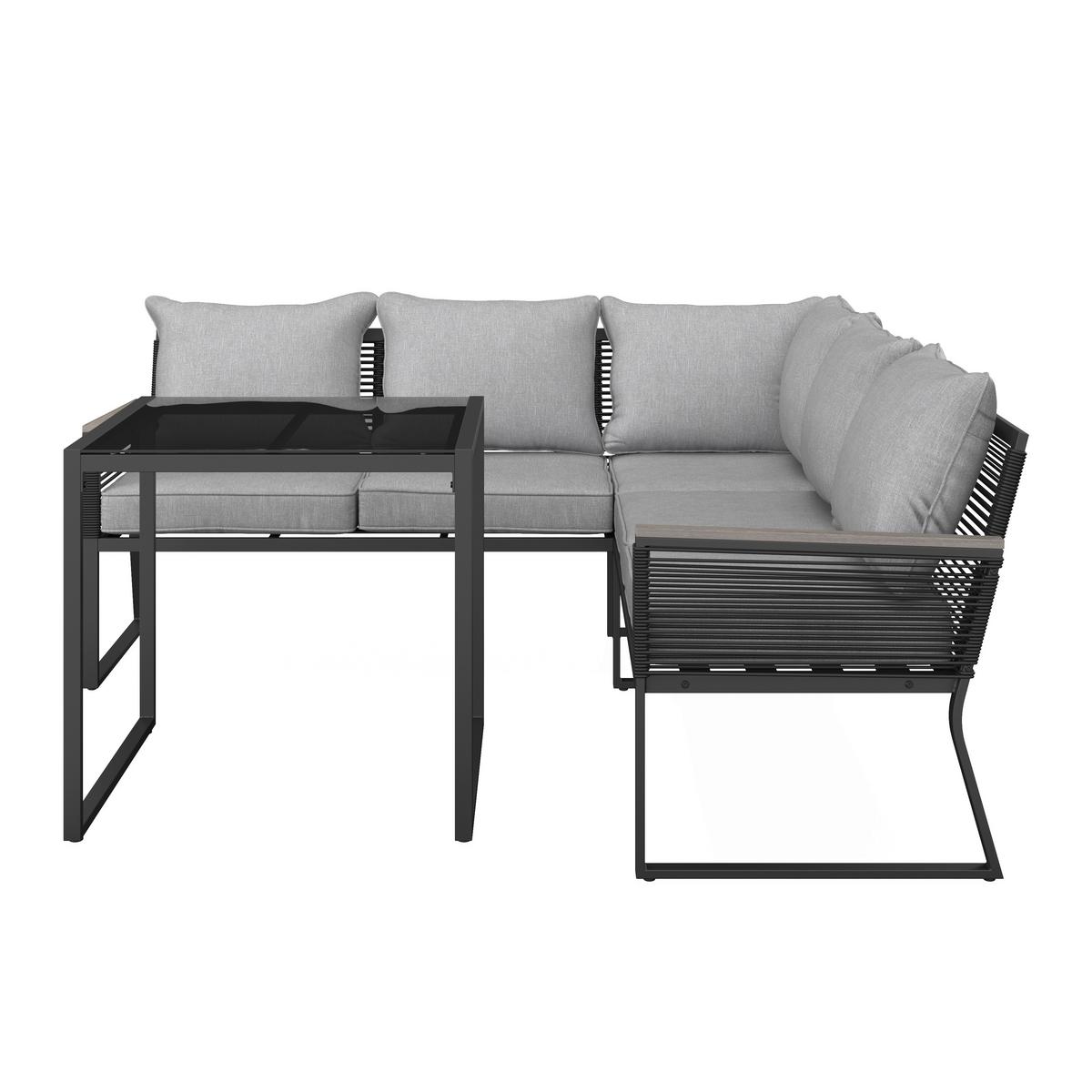 Dining-Loungeset Paulina Hellgr. Metall/Textil +Abdeck. - Hellgrau/Schwarz, Modern, Glas/Kunststoff (181/73/65cm) - Bessagi Garden