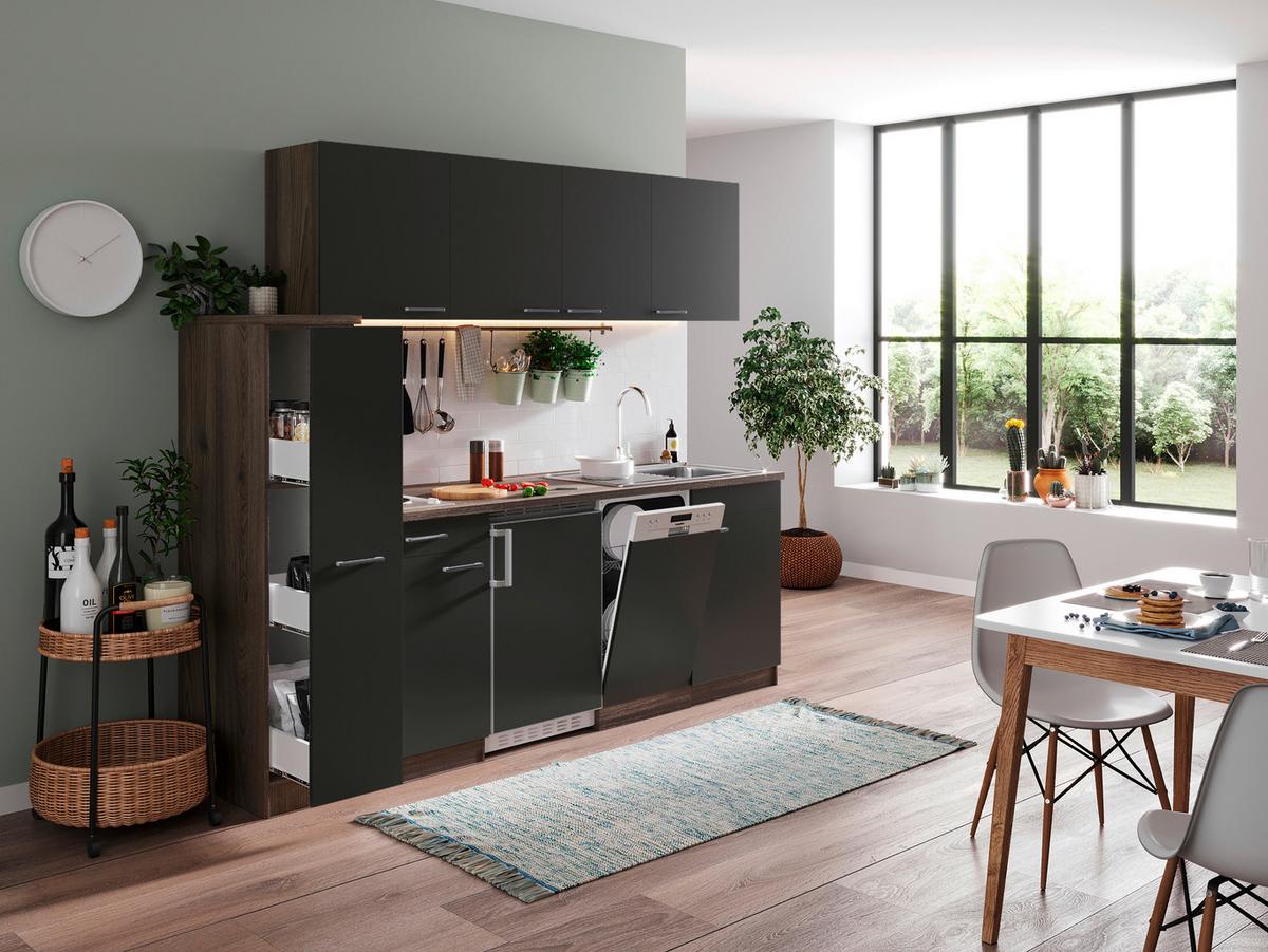Küchenblock Oliver mit Geräten ca. 225 cm Grau - Eichefarben/Alufarben, Basics, Holzwerkstoff/Kunststoff (225cm) - Respekta