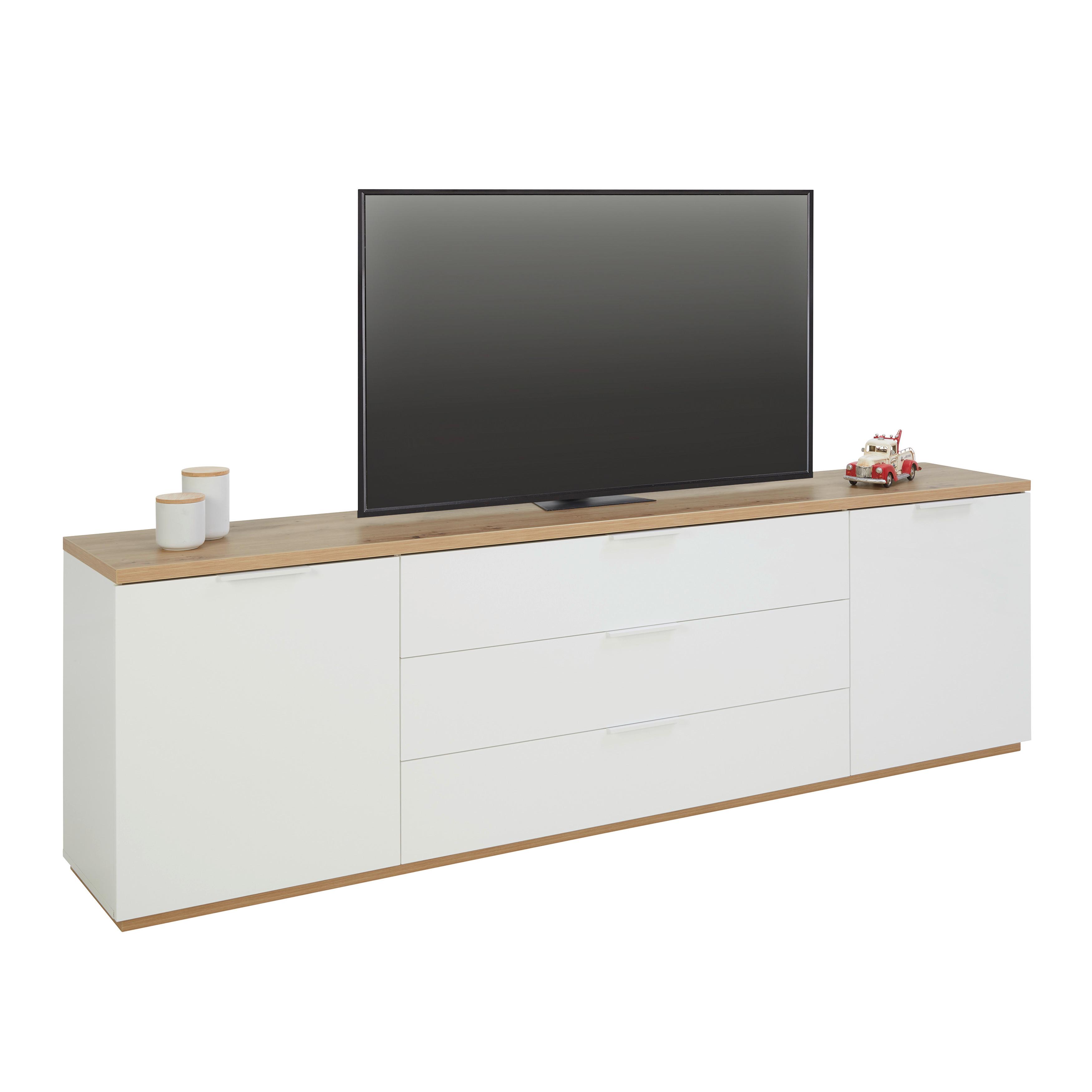 TV-Element Wide in Weiss/Eiche Artisan - Weiss Hochglanz/Weiss, Modern, Holzwerkstoff/Metall (240/75/40cm) - Mömax