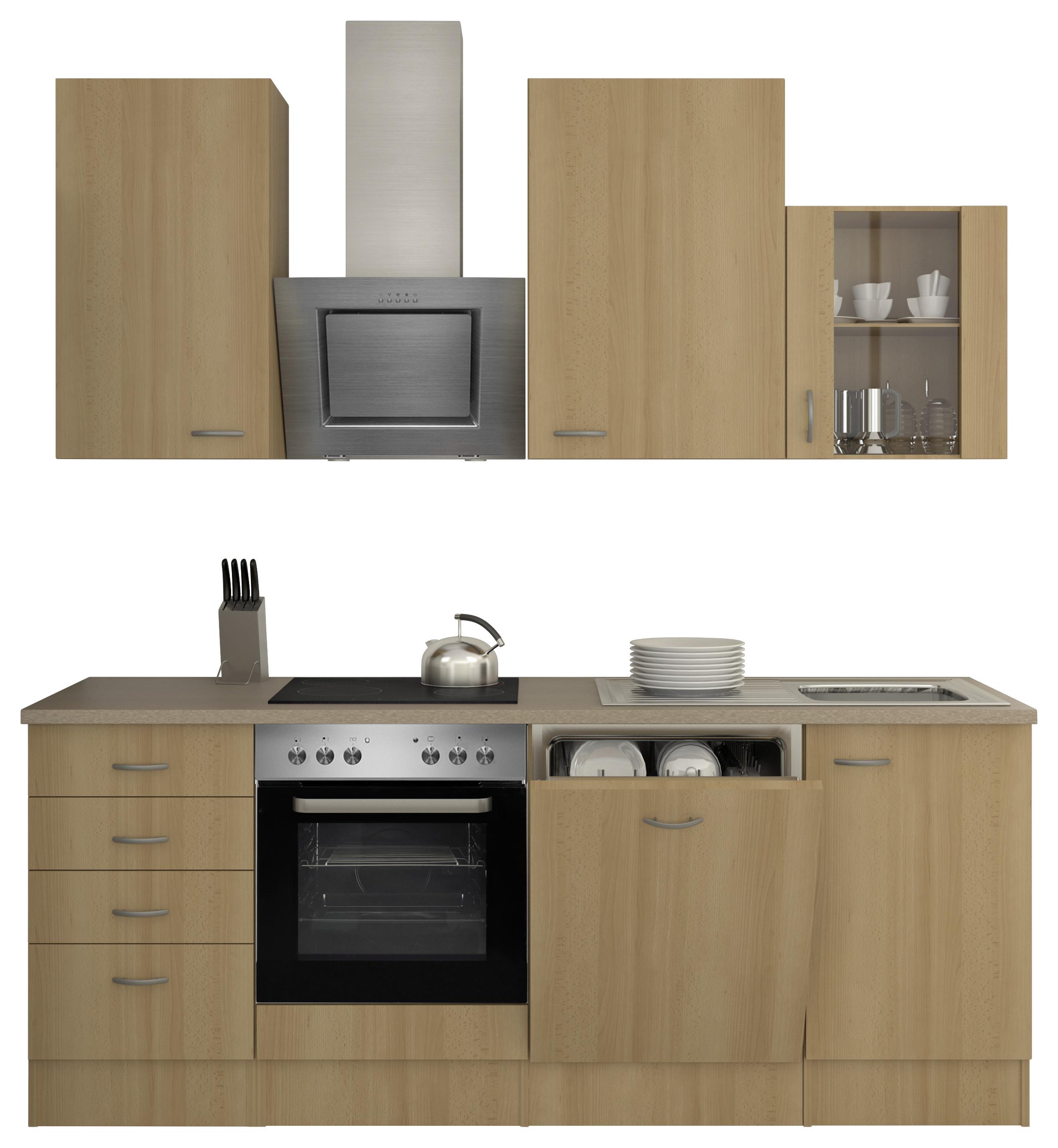 Küchenblock in Buche inkl. Geräte und Spüle 'Nano' - Edelstahlfarben/Beige, MODERN, Glas/Holzwerkstoff (220cm) - FlexWell
