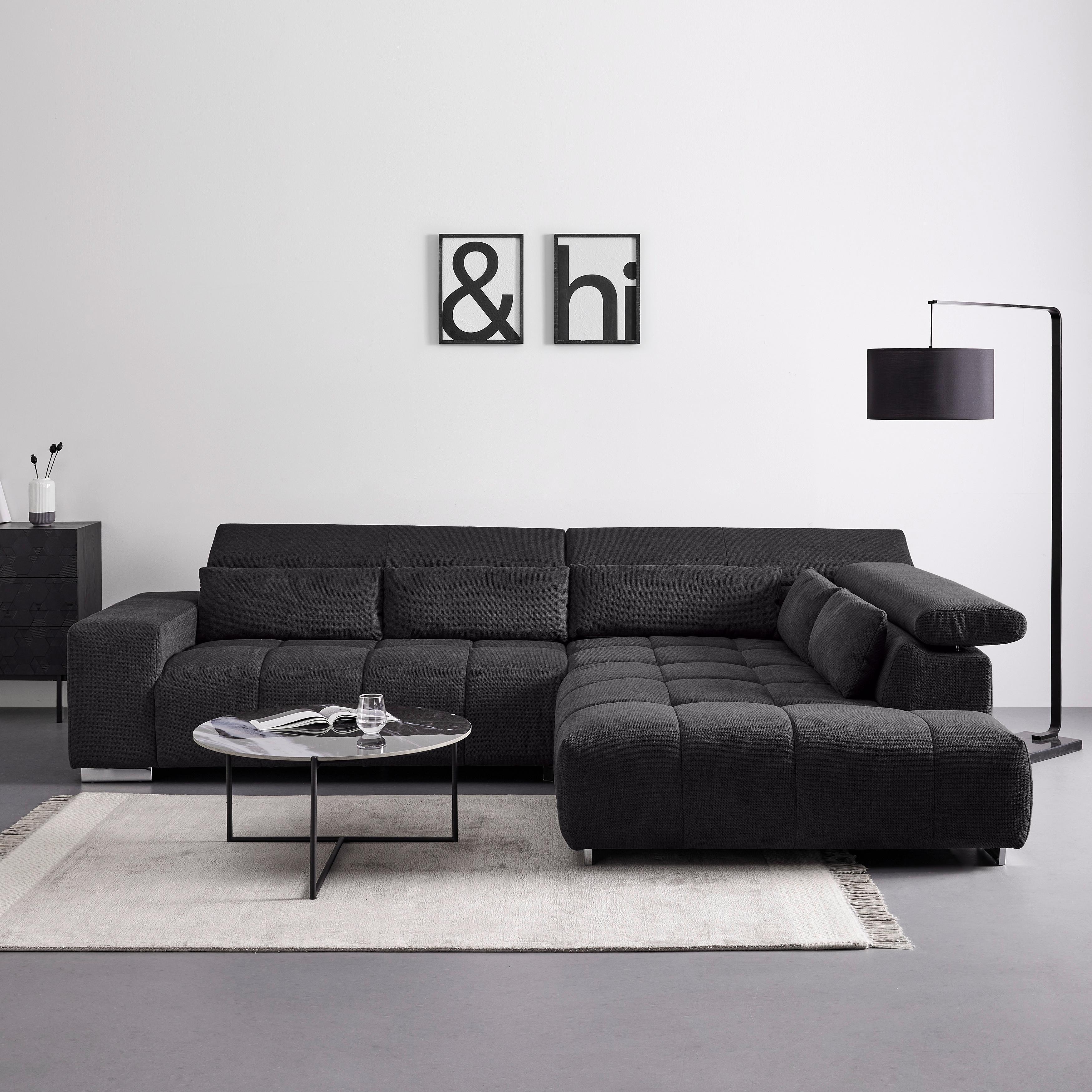 DUŻY NAROŻNIK ORION - czarny/kolor chromowy, Modern, metal/tkanina (308/70-88/225cm) - Bessagi Home