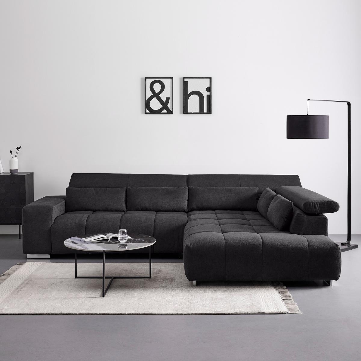 Wohnlandschaft Orion Schwarz Chenille-Oberfläche - Chromfarben/Schwarz, MODERN, Textil/Metall (308/70-88/225cm) - Bessagi Home
