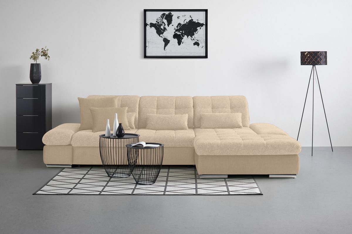 Wohnlandschaft Sanfino Beige - Chromfarben/Beige, KONVENTIONELL, Holz/Textil (305/79-96/199cm) - Premium Living