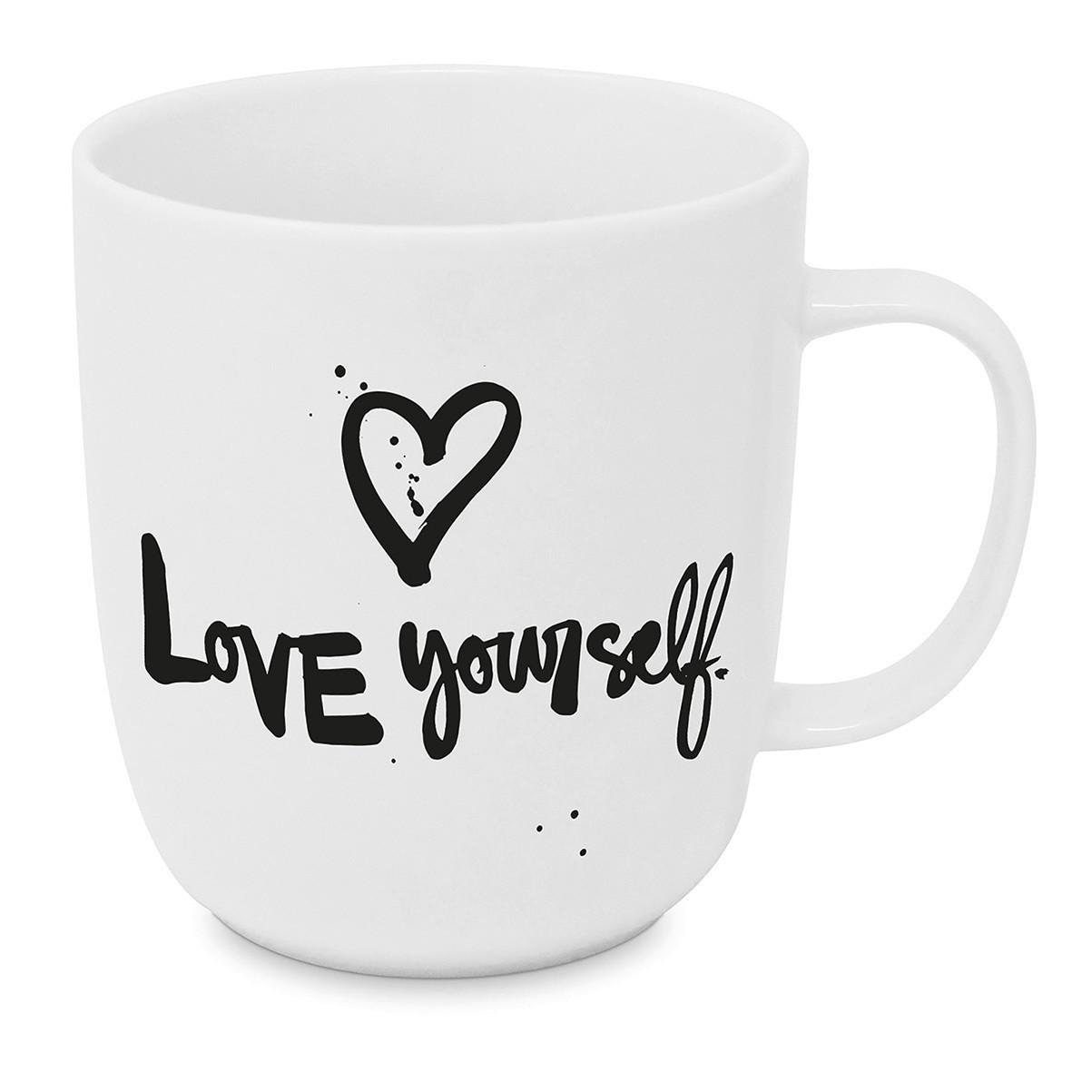 Kaffeebecher Love yourself aus Porzellan ca. 350ml - Schwarz/Weiß, MODERN, Keramik (9/10cm)