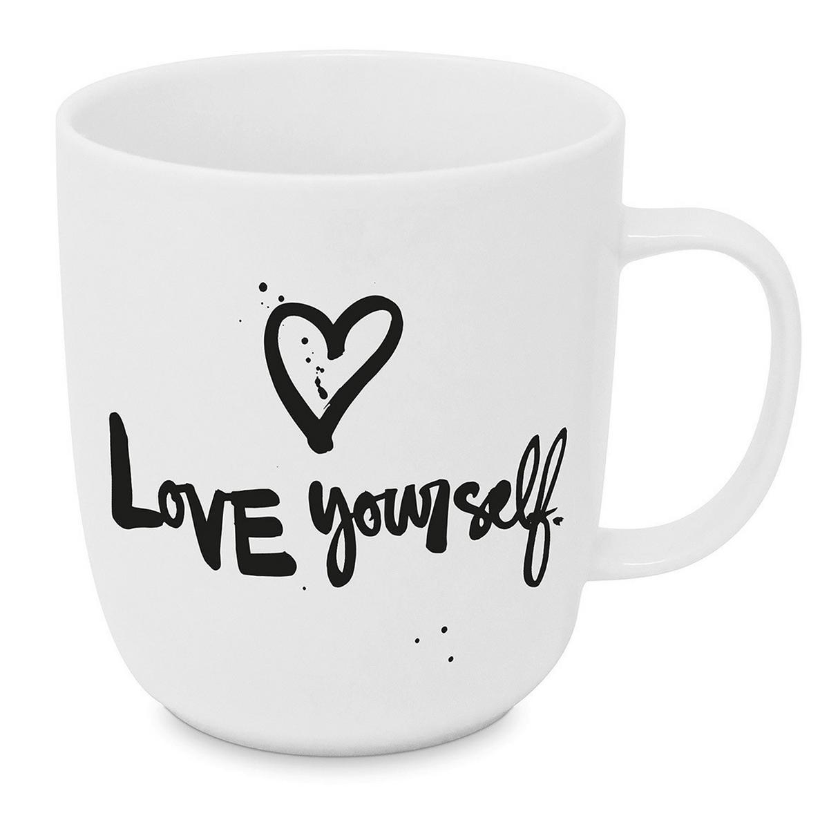 Kaffeebecher Love yourself aus Porzellan ca. 350ml - Weiss/Schwarz, Modern, Keramik (9/10cm)