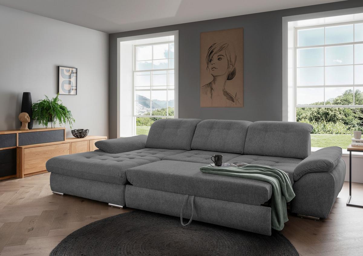 Ecksofa Rigatti mit Bettkasten ca. 184x314 cm Graubraun - Chromfarben/Graubraun, MODERN, Textil/Metall (184/314cm) - Livetastic