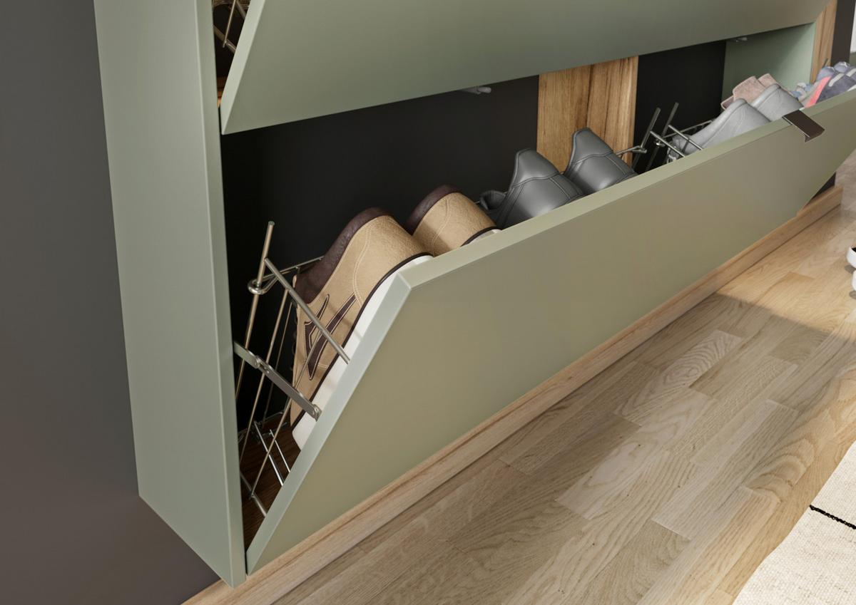 Hängeschuhschrank Ameca Taupe/Eichefarben - Taupe/Eichefarben, MODERN, Holzwerkstoff/Metall (140/83/18cm) - Premium Living