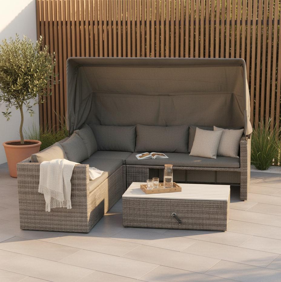 Loungegarnitur "SanMarco", 3-tlg. Holz/Metall/Textil - Hellgrau/Grau, KONVENTIONELL, Holz/Kunststoff (250/150/168cm) - Gardenson