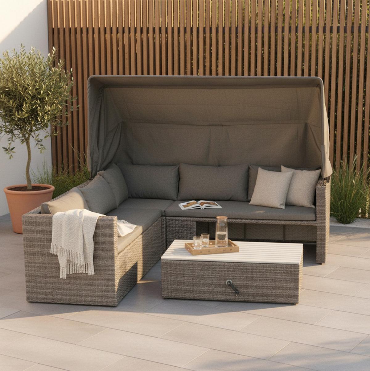 Loungegarnitur "SanMarco", 3-tlg. Holz/Metall/Textil - Hellgrau/Grau, KONVENTIONELL, Holz/Kunststoff (250/150/168cm) - Gardenson