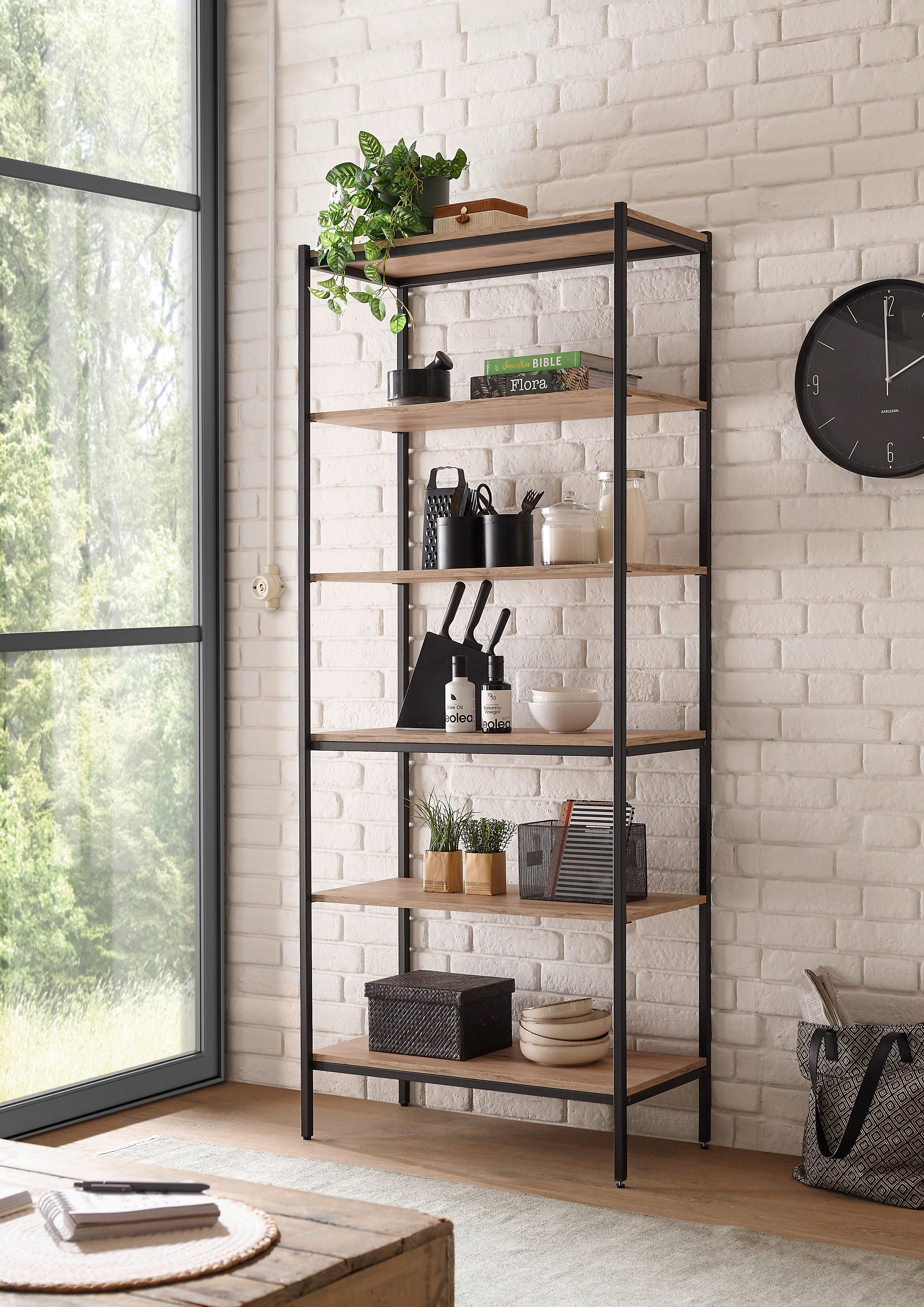 REGAŁ RACK STANDREGAL - kolor dębowy/czarny, Basics, materiał drewnopochodny/metal (80/195/40cm) - P & B