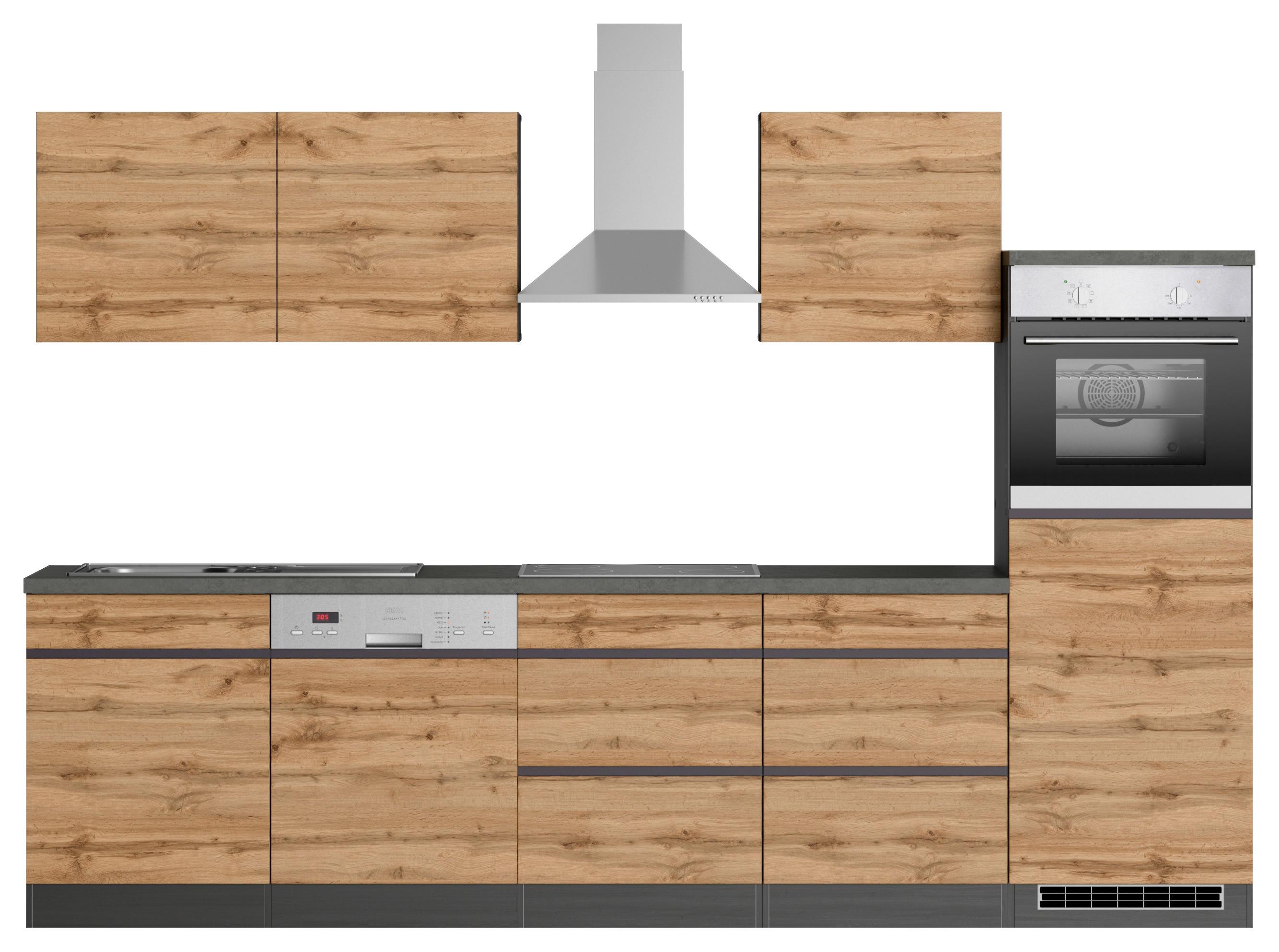 Küchenzeile Turin mit Geräten ca. 300 cm Graphit/Eiche - Eiche Wotan/Graphitfarben, Design, Holzwerkstoff (300cm) - Held