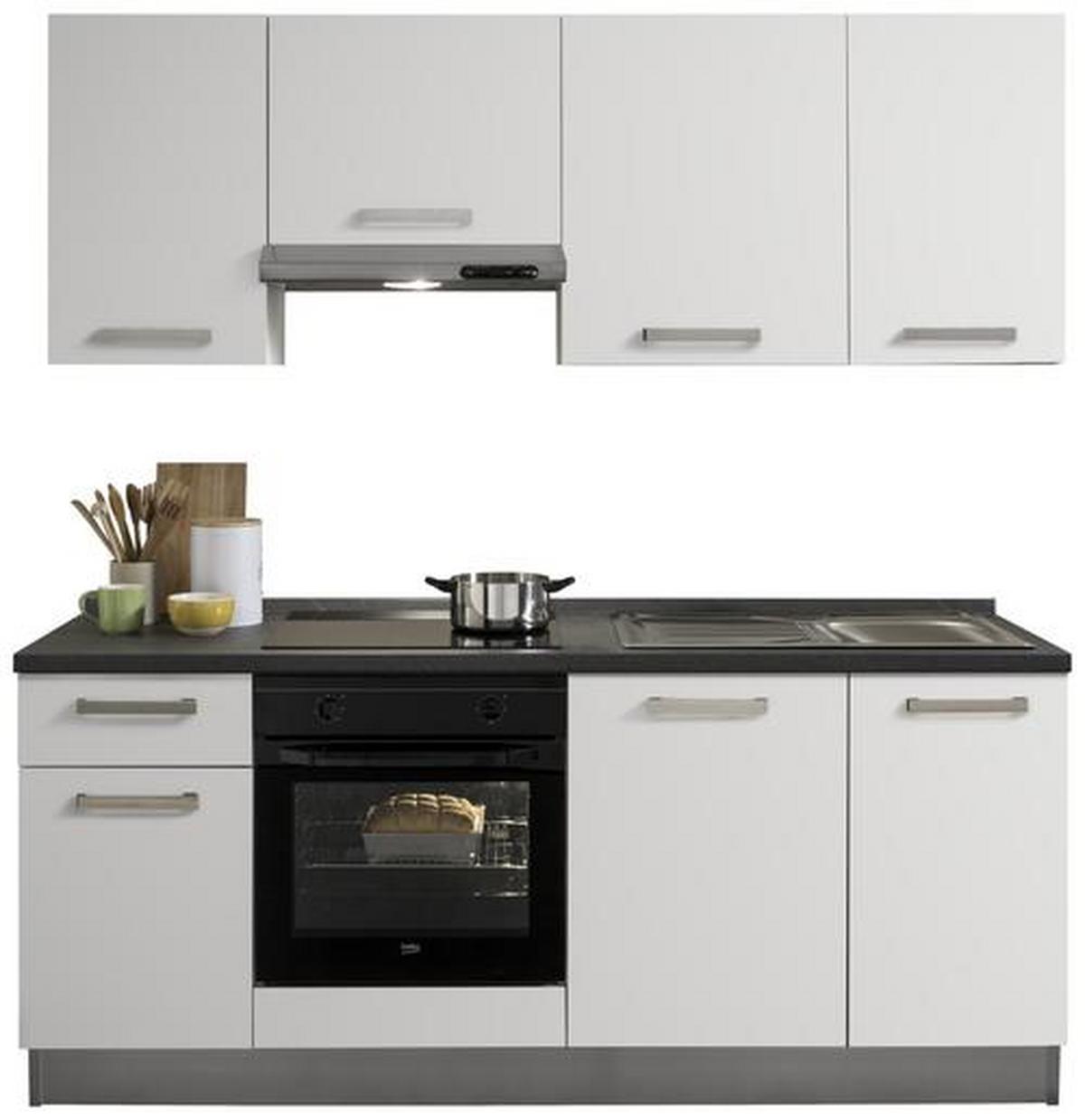 Küchenblock Belluna m. Geräte Weiß - Dunkelgrau/Alufarben, Basics, Holzwerkstoff/Kunststoff (210cm) - MID.YOU