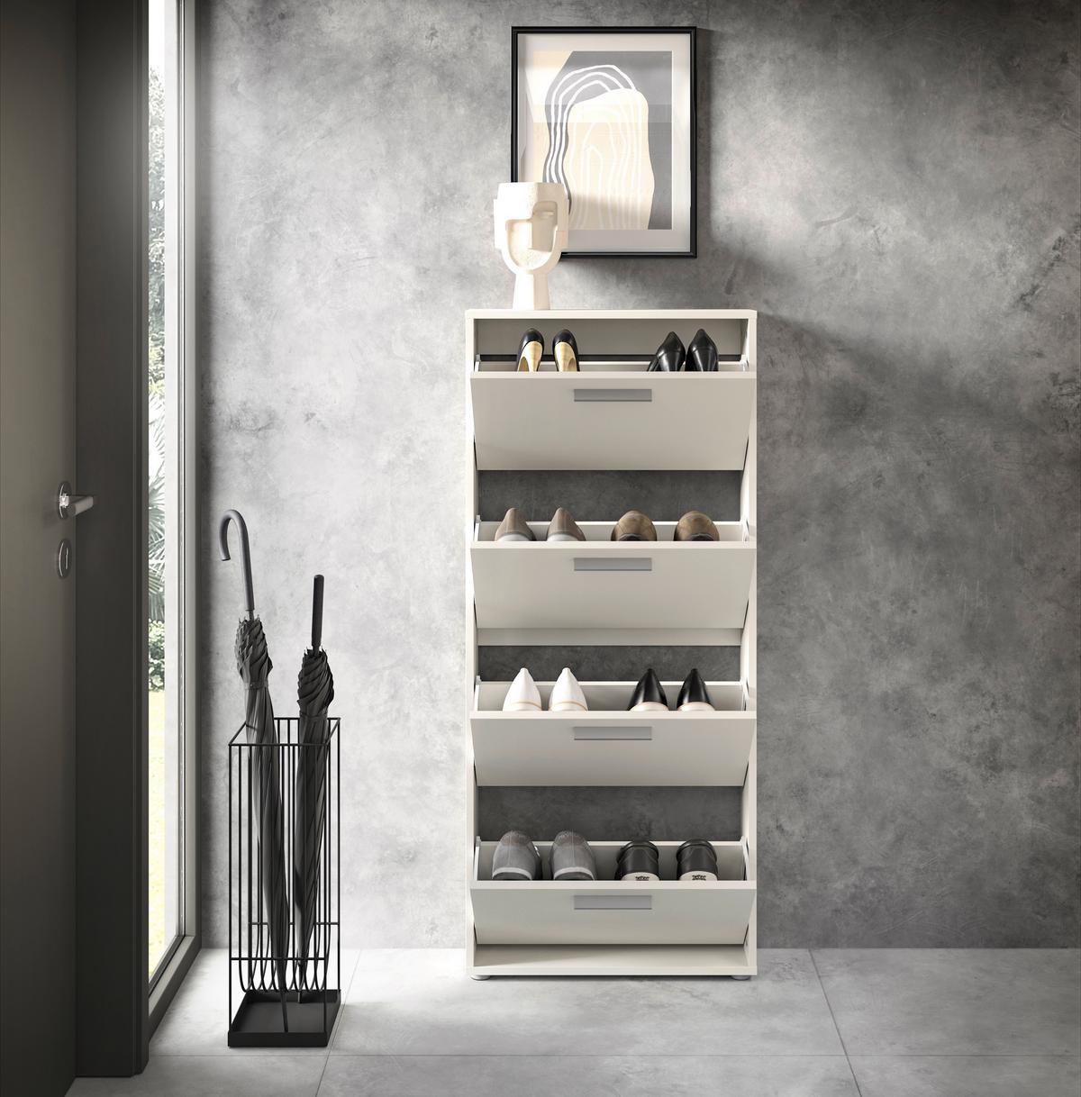 SZAFKA UCHYLNA NA BUTY SAM - kolor srebrny/biały, Design, materiał drewnopochodny/tworzywo sztuczne (59/136/17cm) - Carryhome