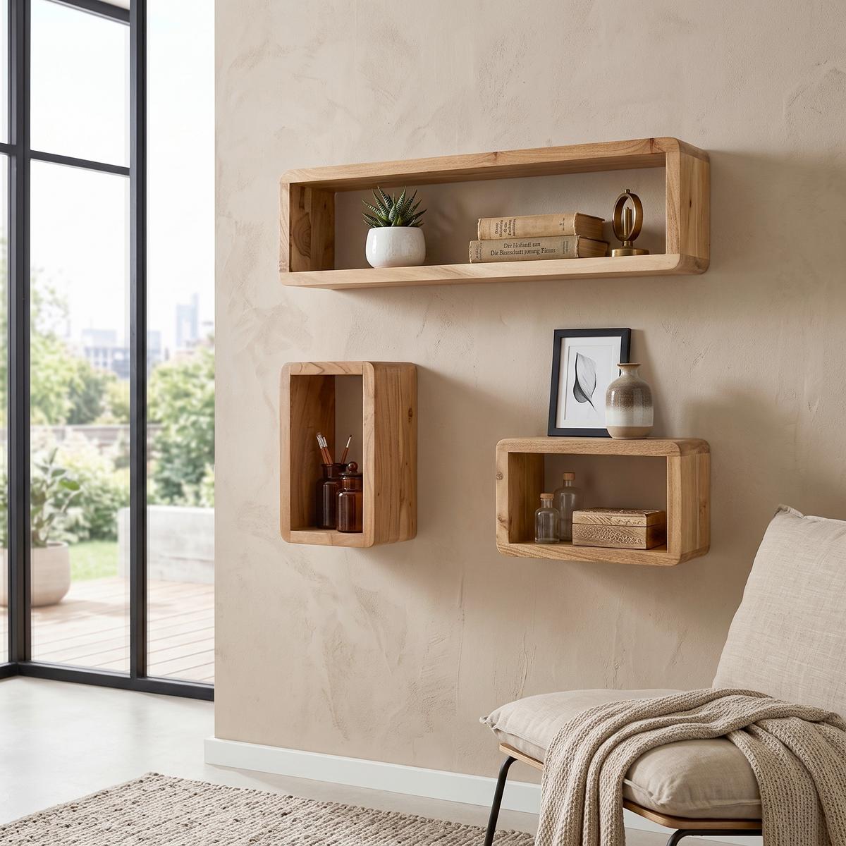 Wandregalset Boha 3er Set Echtholz - Akaziefarben, KONVENTIONELL, Holz (80/20/15cm) - MID.YOU