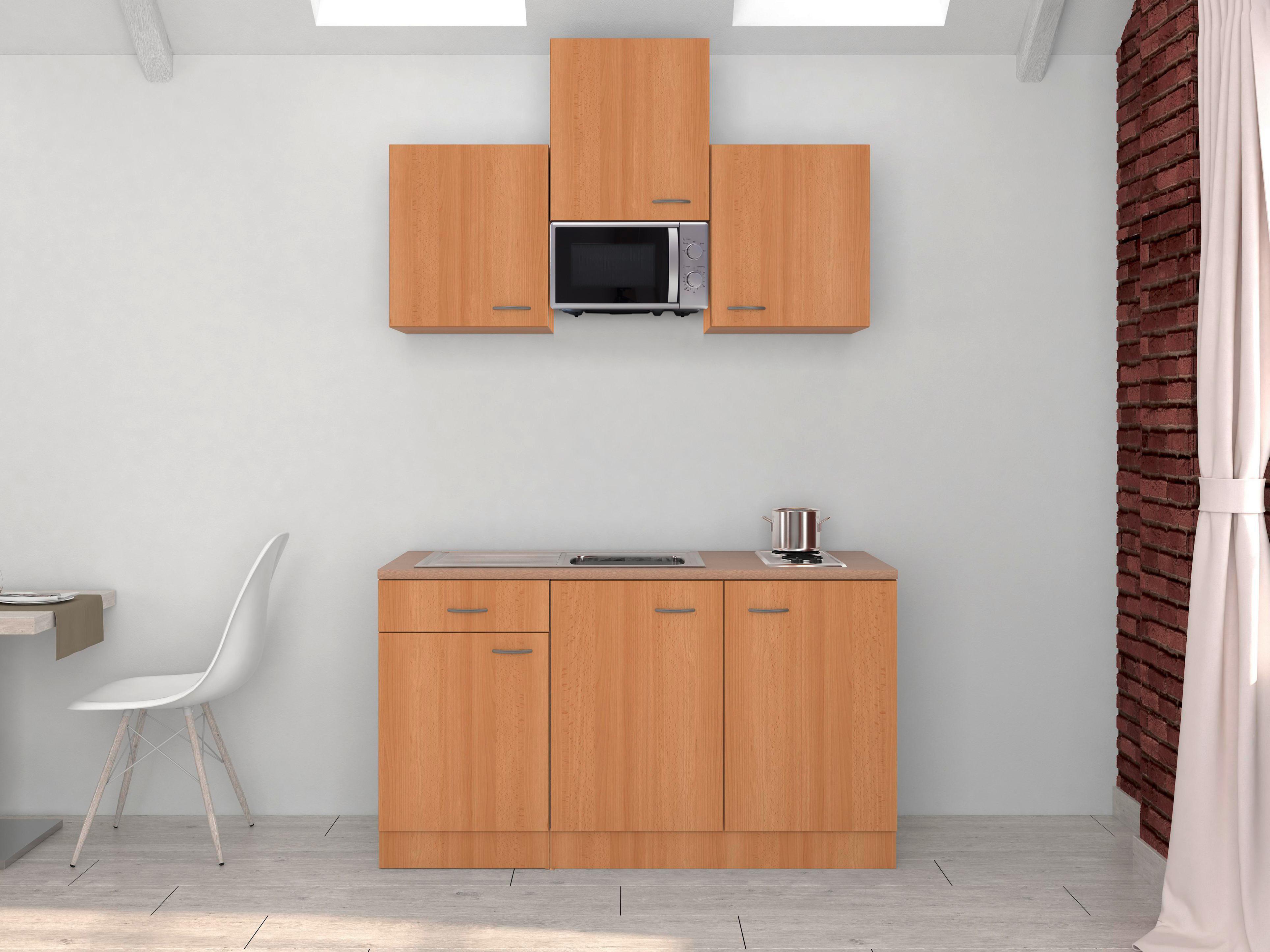 Miniküche Nano m. Geräten B: ca. 150cm Buchefarben - Edelstahlfarben/Beige, MODERN, Holzwerkstoff/Kunststoff (150cm) - FlexWell