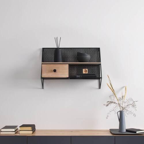 Wandregal Lelia Natur/Schwarz Echtholz/MDF - Schwarz/Naturfarben, MODERN, Holz/Metall (60/43/20cm) - Bessagi Home