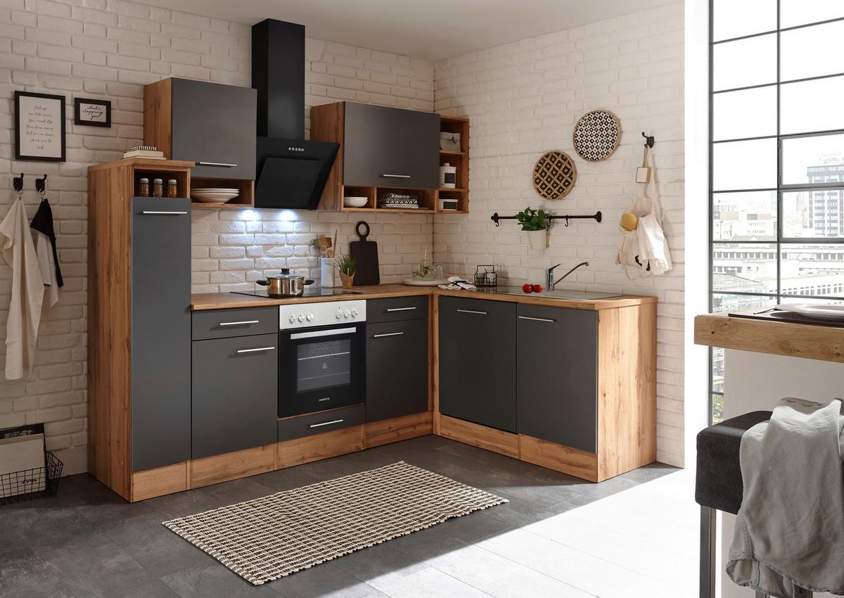 Eckküche Hilde ohne Geräte ca. 250x172 cm Grau, Wildeiche - Wildeiche/Grau, Basics, Holzwerkstoff/Metall (250/172cm) - Respekta