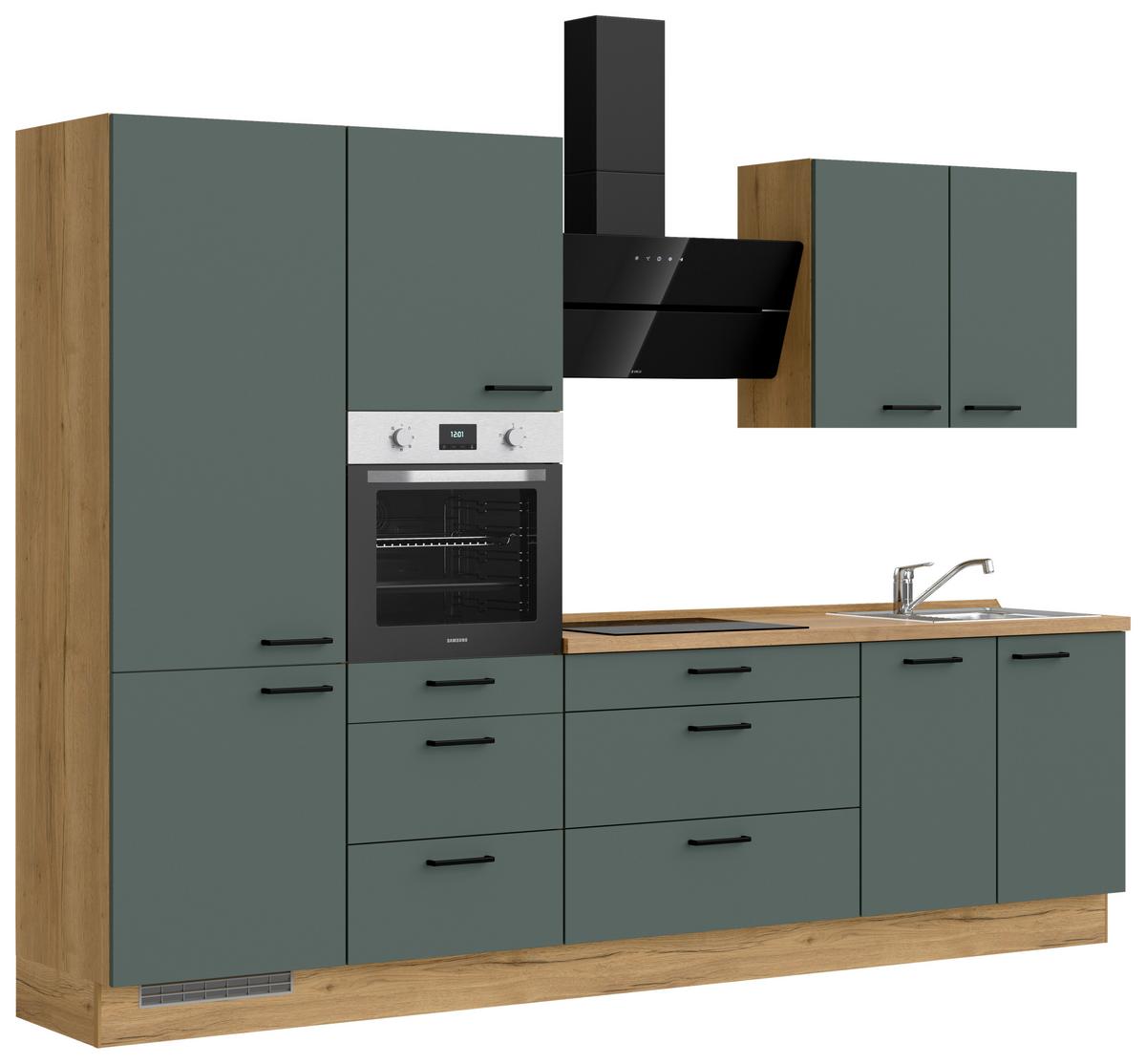Küchenblock Easytouch High m. Geräten Dunkelgrün - Dunkelgrün/Eichefarben, MODERN, Holzwerkstoff/Metall (300cm) - Nobilia