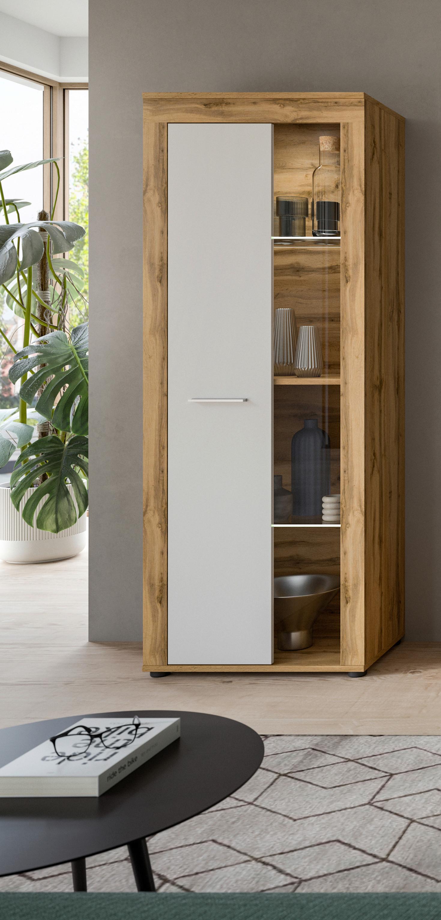Vitrina Jam - srebrne boje/hrast Wotan, Design, staklo/drvni materijal (60/159/35cm) - Modern Living