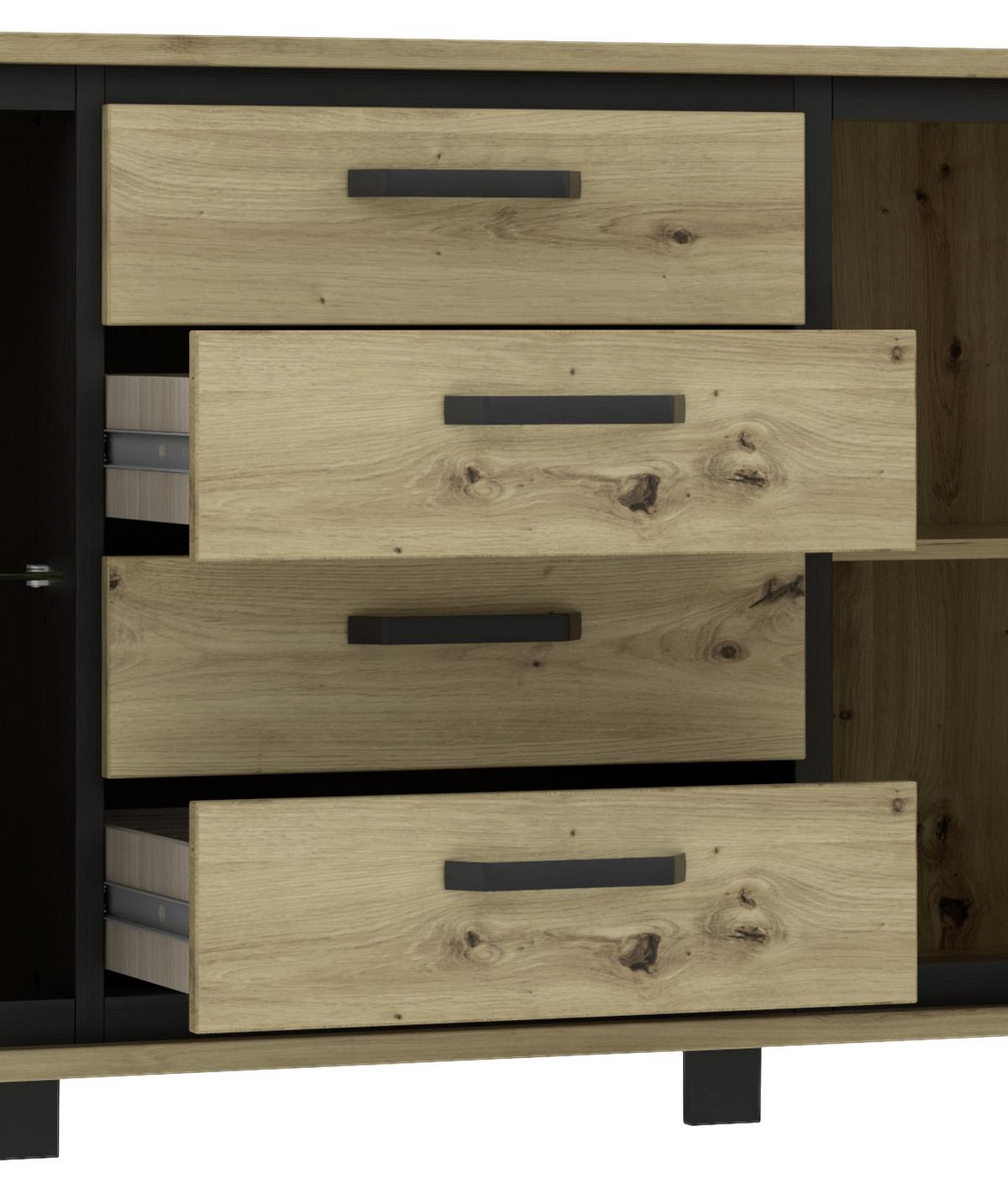 Sideboard "Trondheim" , Schwarz, Eiche - Eichefarben/Schwarz, Basics, Glas/Holzwerkstoff (177,4/81,3/41,5cm) - Livetastic