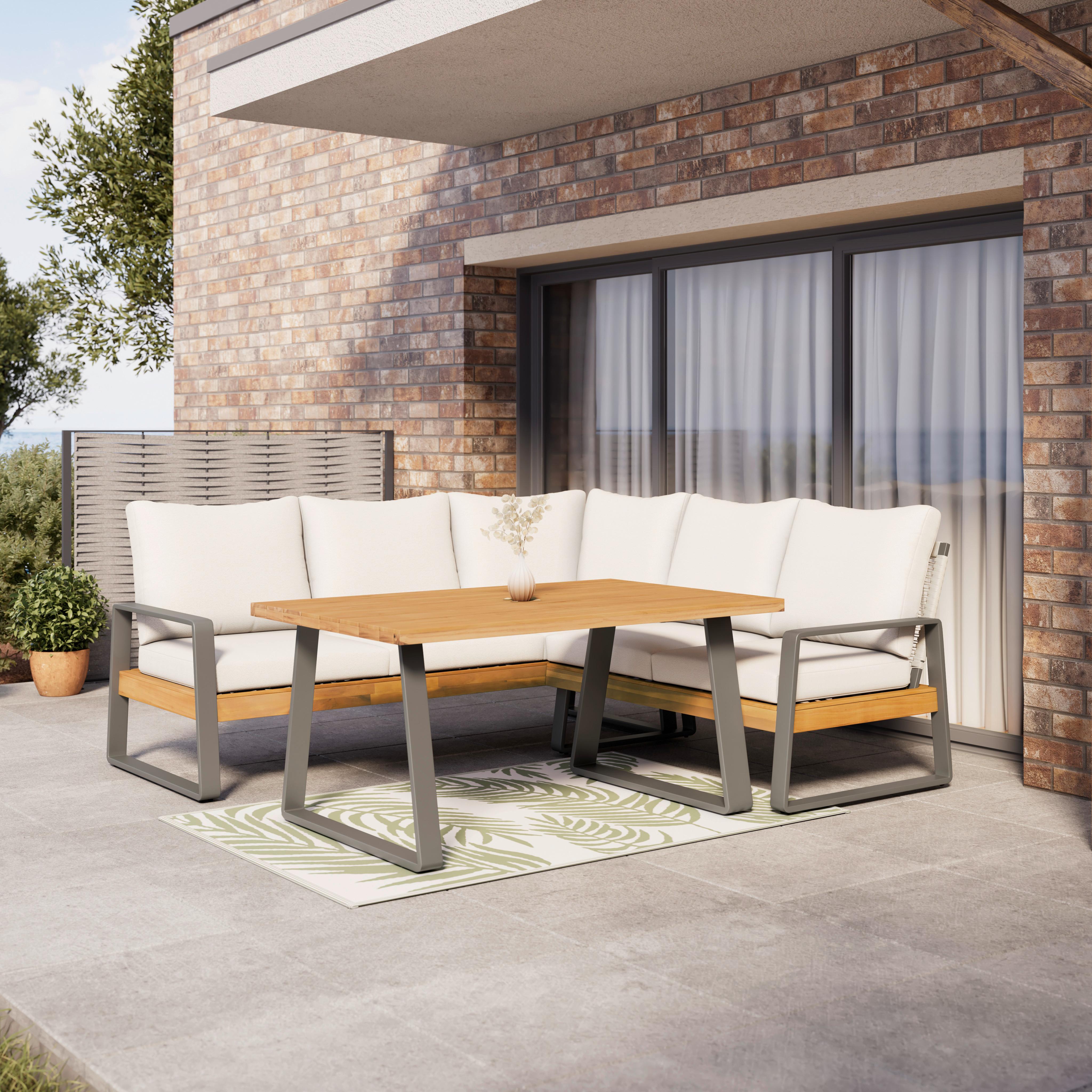 Dining-Loungeset Alexa Holz Outdoorstoff/Metall +Abdeckung - Anthrazit/Creme, MODERN, Holz/Textil (208,5/81/85,5cm) - Bessagi Garden