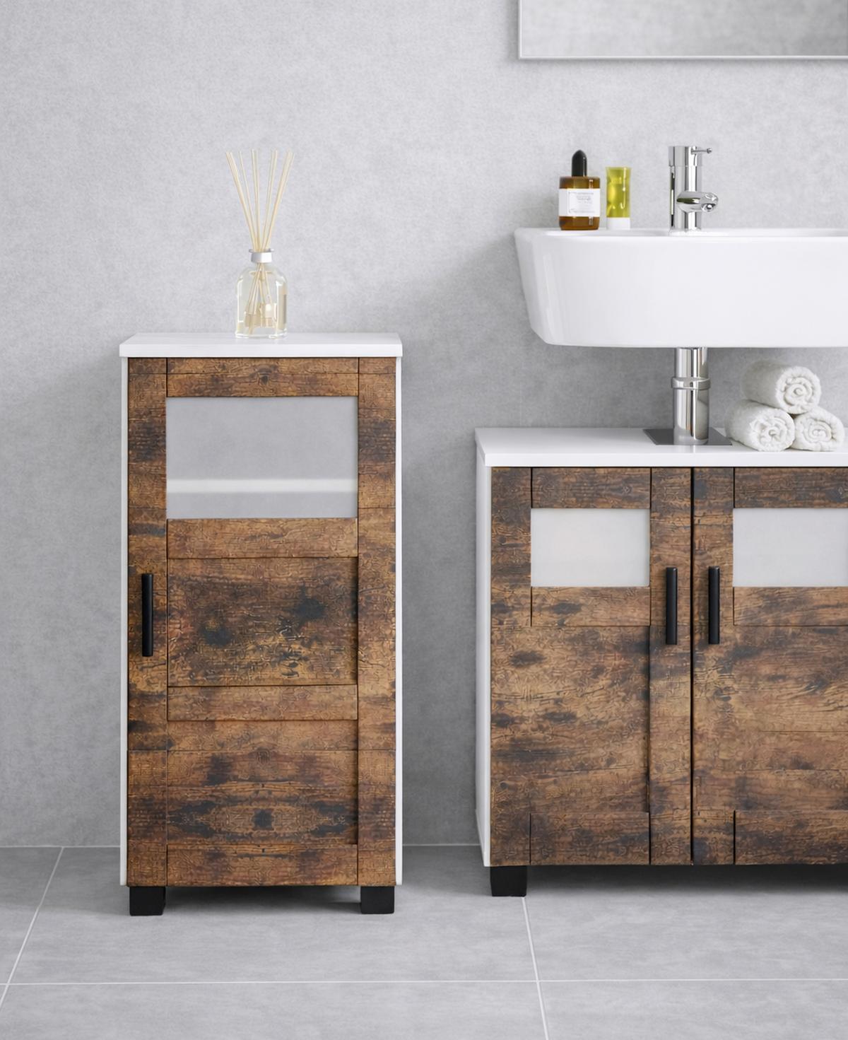 Midischrank Nilari M - Weiss/Eichefarben, Trend, Glas/Holzwerkstoff (38/70/28cm) - MID.YOU