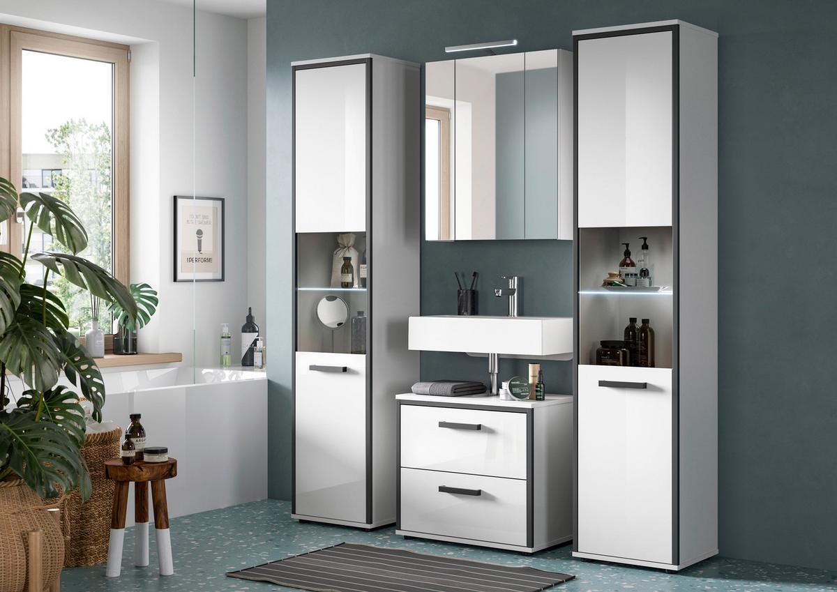 Badezimmer Kojak 4-tlg. Weiß/Anthrazit m. LED - Weiß Hochglanz/Schwarz, MODERN, Holzwerkstoff/Kunststoff (140cm) - MID.YOU