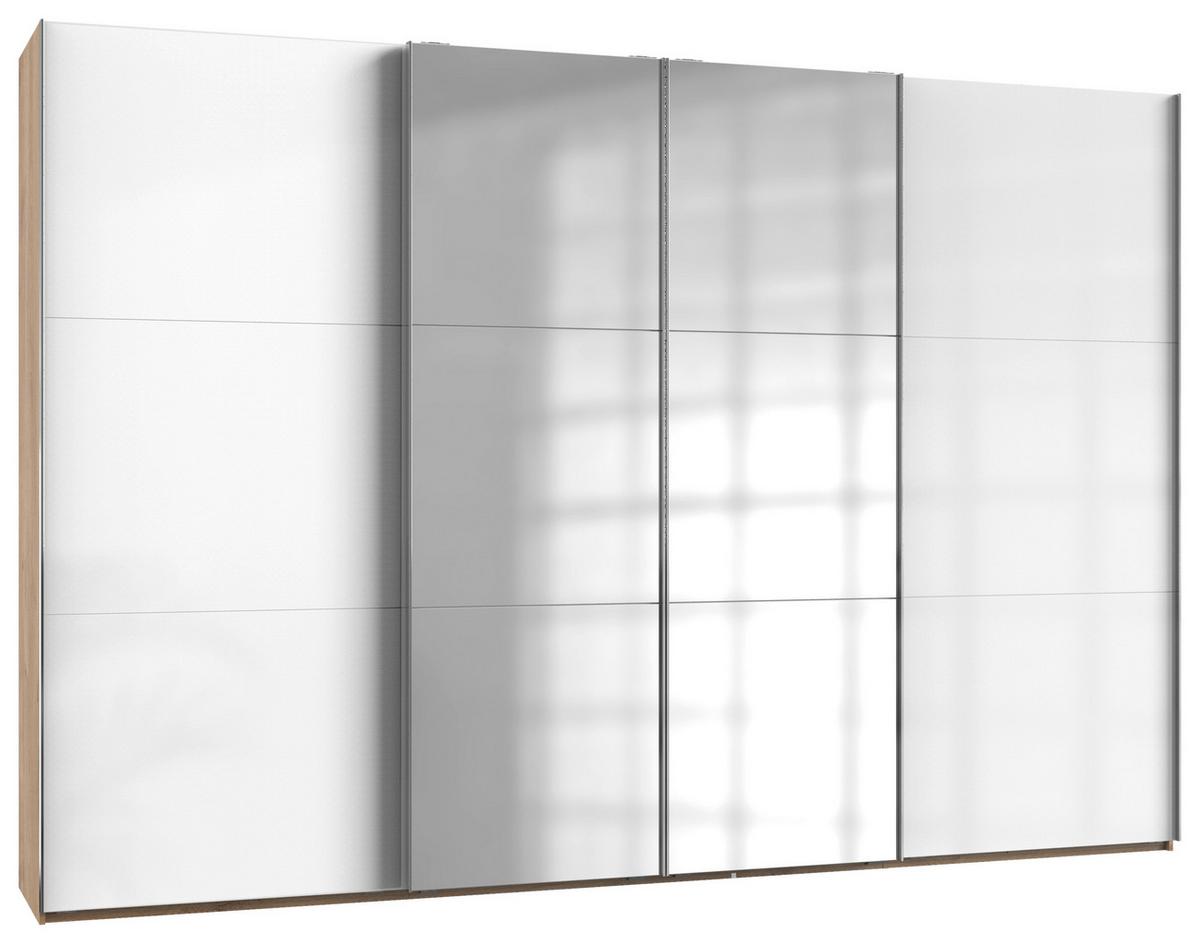 Schwebetürenschrank Level 36D ca. 350 cm Weiß/Eiche Dekor - Chromfarben/Weiß Hochglanz, MODERN, Holzwerkstoff/Metall (350/236/65cm) - MID.YOU