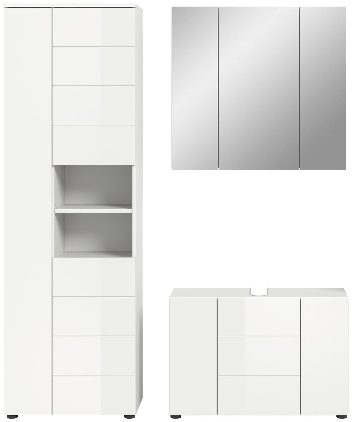 Badezimmer Vira 3-tlg. mit LED ca. 142 cm Weiß - Weiß Hochglanz/Schwarz, MODERN, Holzwerkstoff/Kunststoff (142cm) - MID.YOU