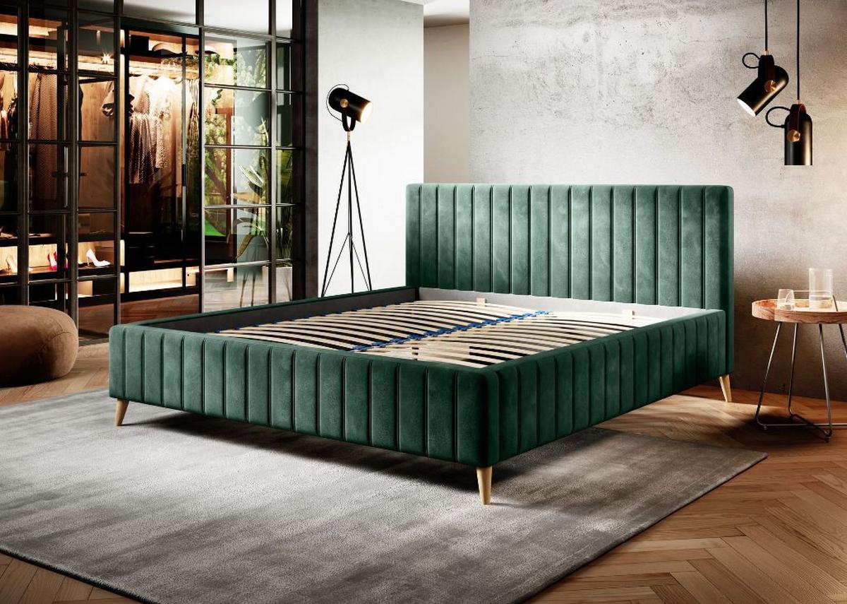ŁÓŻKO TAPICEROWANE TAMINA - kolor naturalny/ciemnozielony, Design, drewno/tkanina (180/200cm)