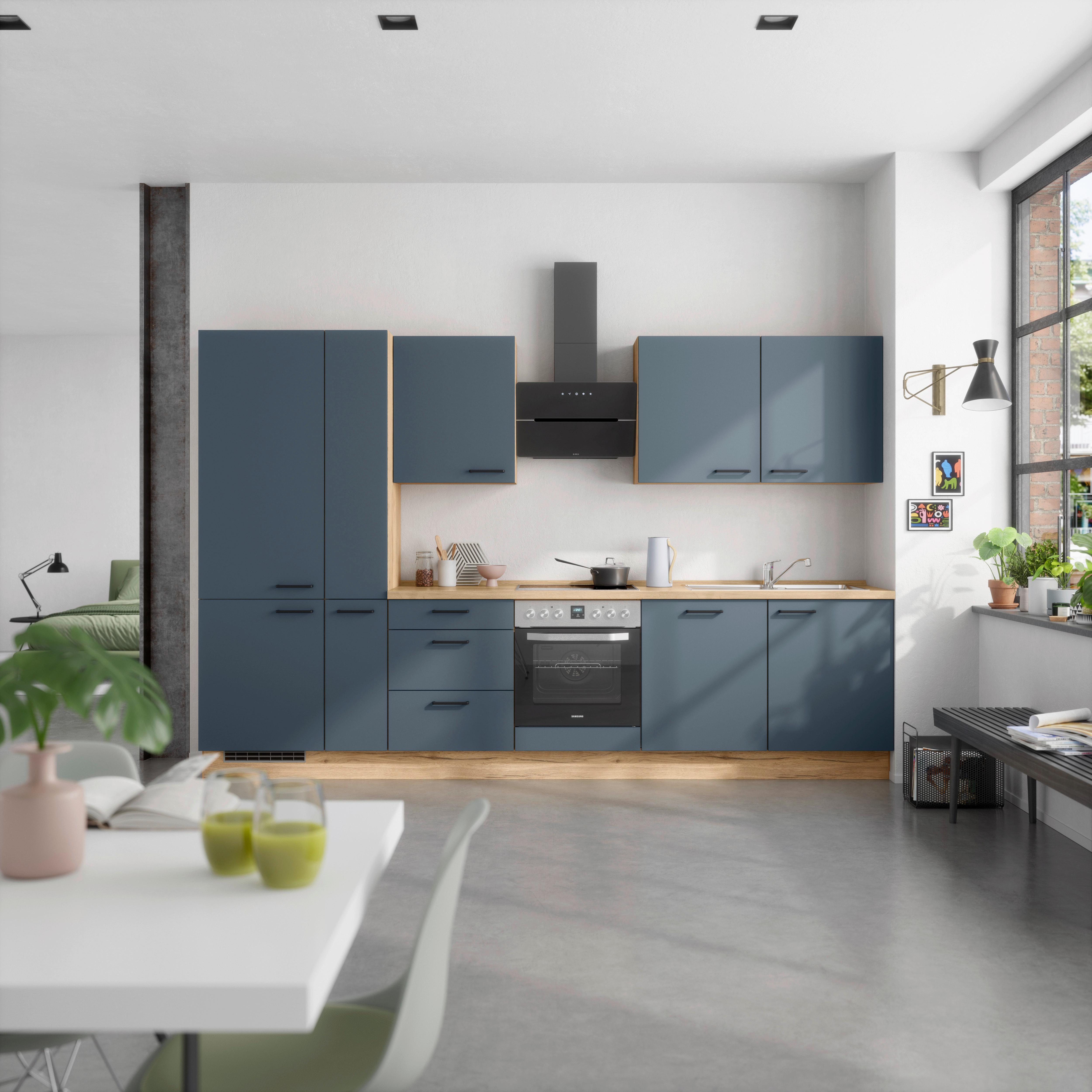 Küchenblock Easytouch High m. Geräten Dunkelblau - Eichefarben/Schwarz, MODERN, Holzwerkstoff/Metall (330cm) - Nobilia